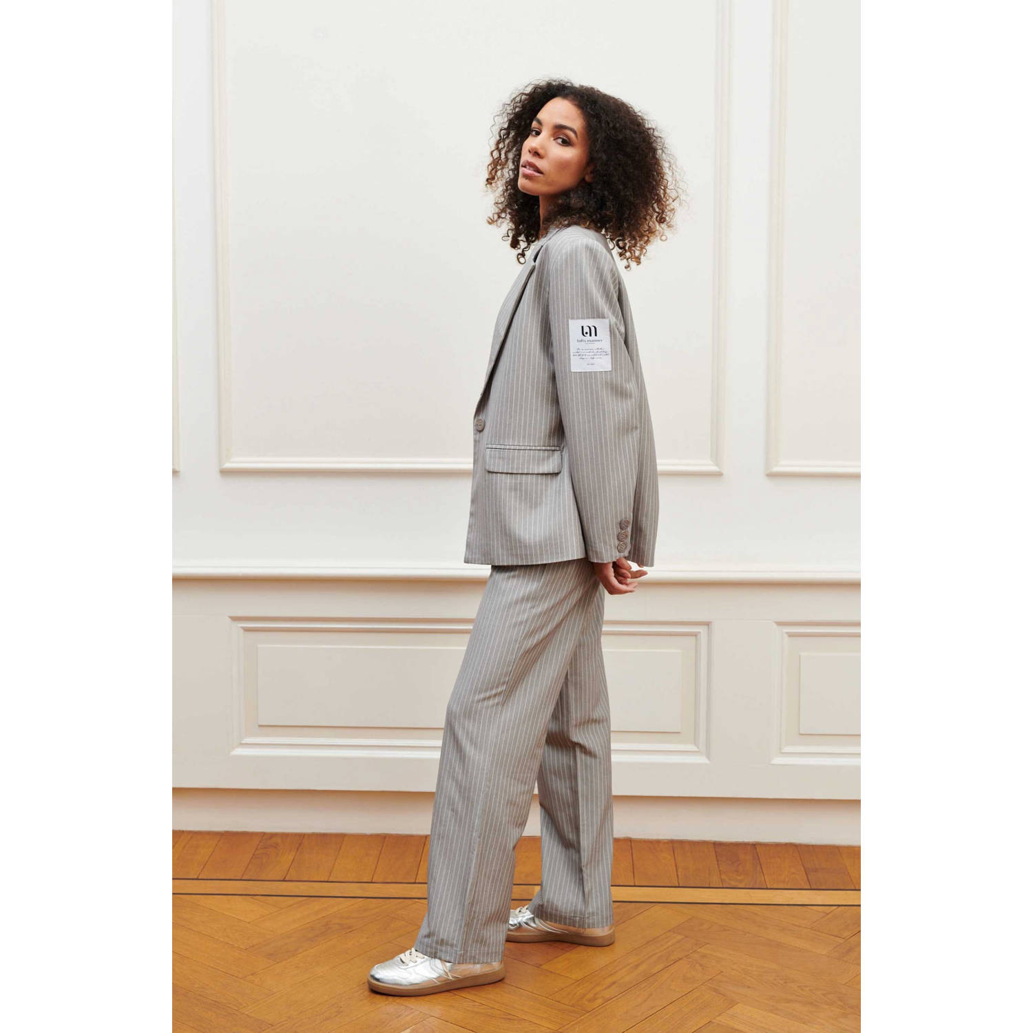 Lofty Manner high waist straight fit broek met krijtstreep grijs