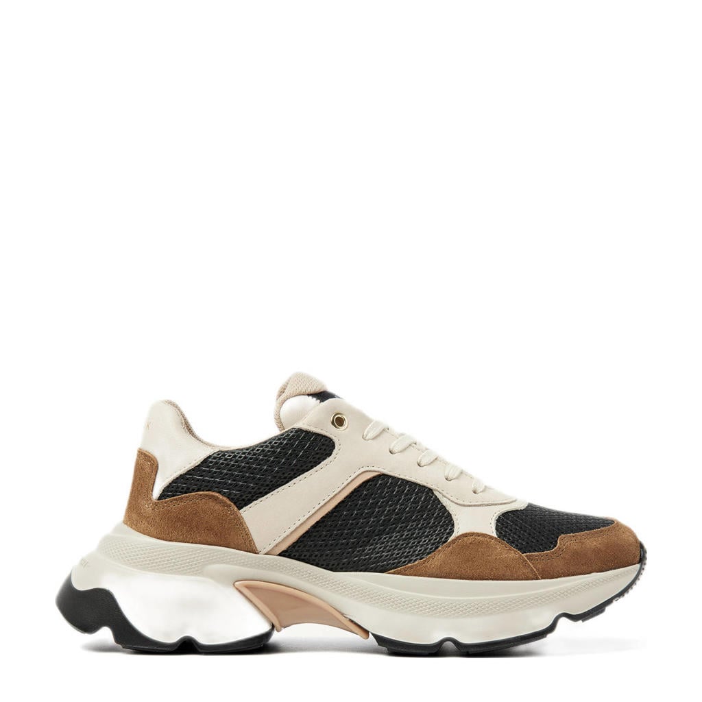 Cognac, zwart en ecru dames Nubikk Ross Jaden chunky leren sneakers van leer, suède en mesh met veters