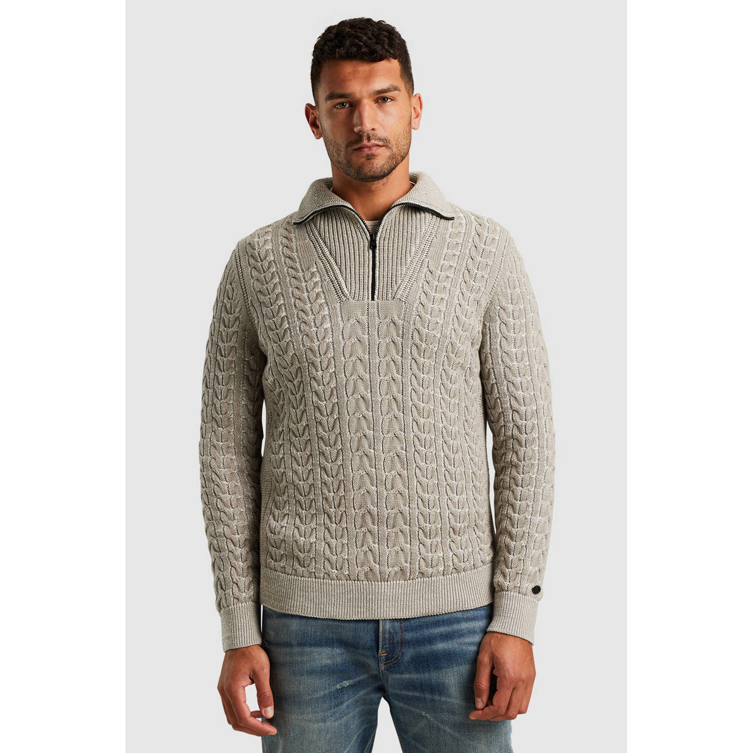 Cast Iron Half Zip Pullover Katoen Geplateerd Beige Heren