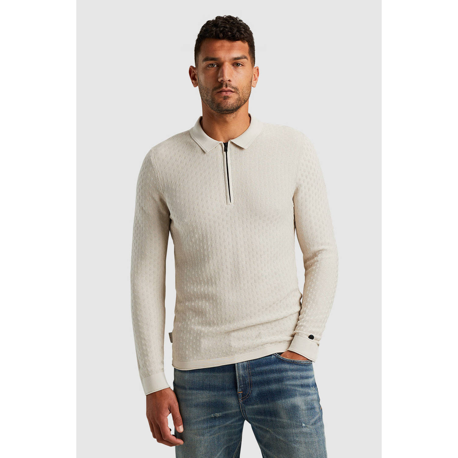 Cast Iron gebreide polo met ingebreid patroon ecru