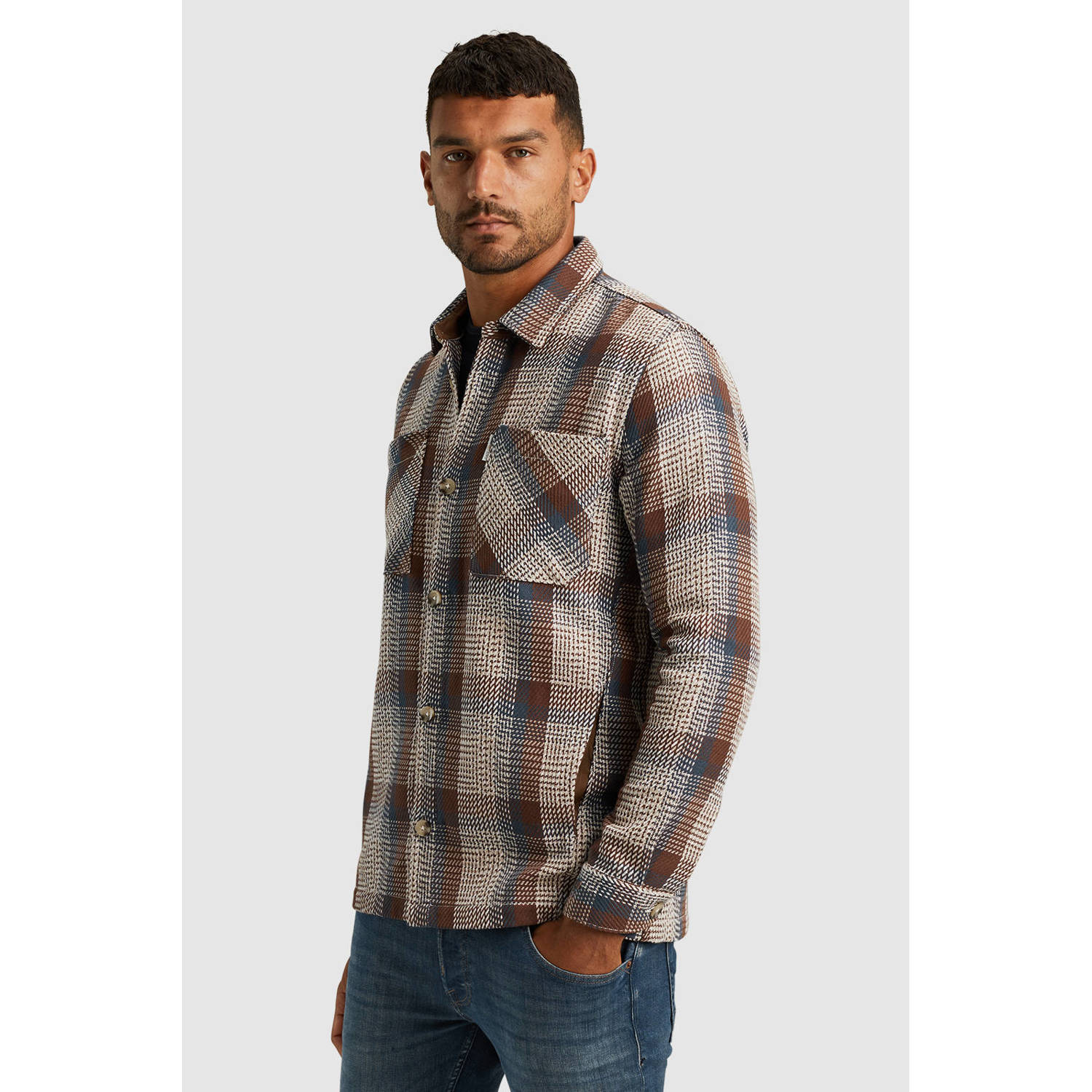 Cast Iron geruit regular fit overshirt bruin