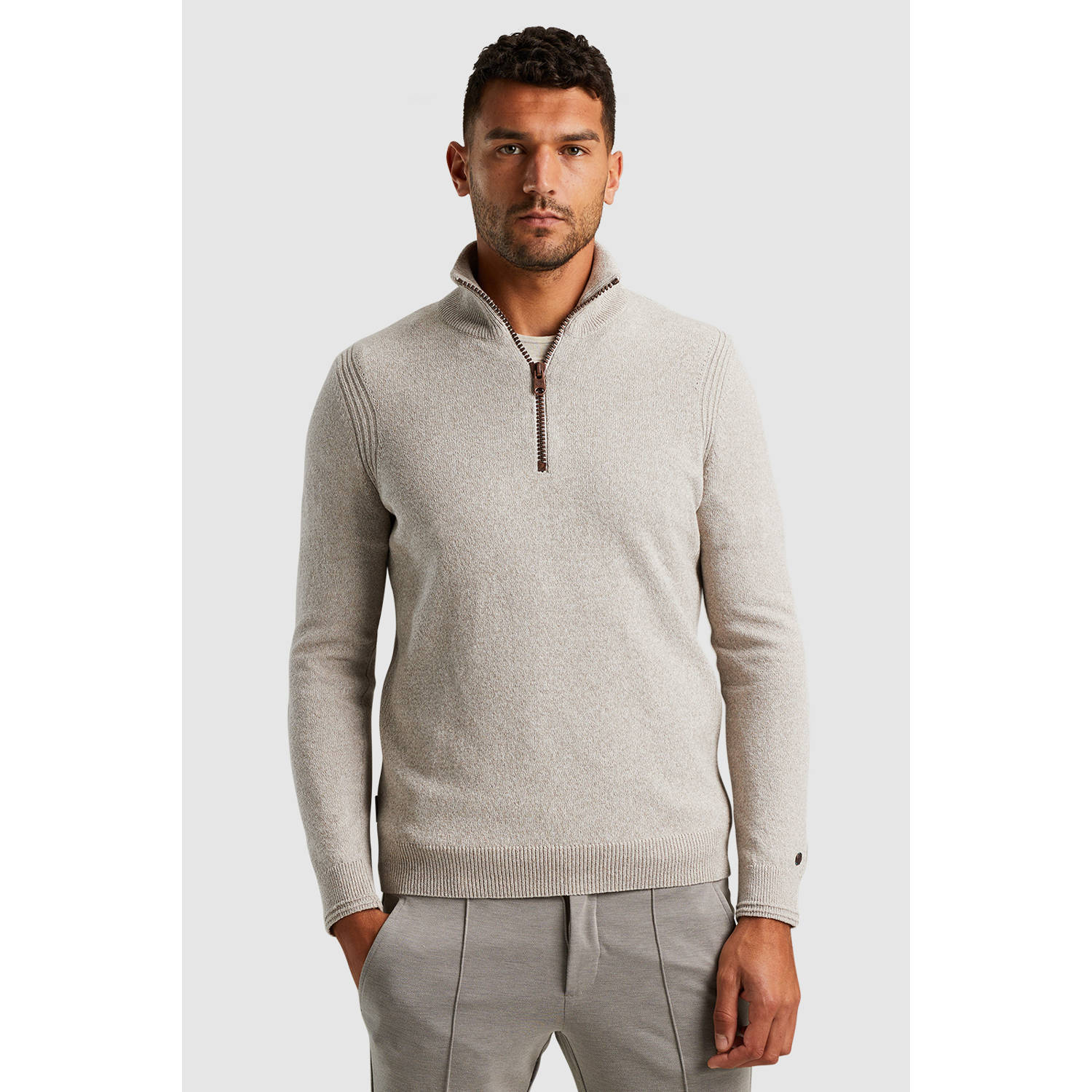 Cast Iron Half Zip Katoenmix Pullover Gray Heren