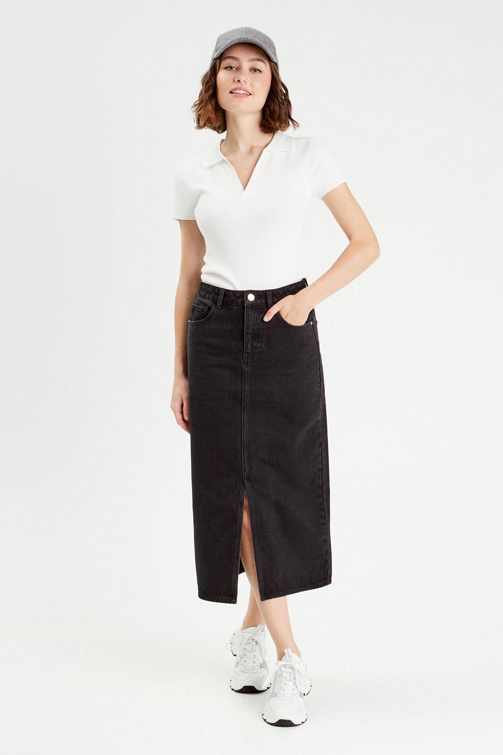 Black denim dames Cache Cache spijkerrok gemaakt van denim en met rits- en knoopsluiting