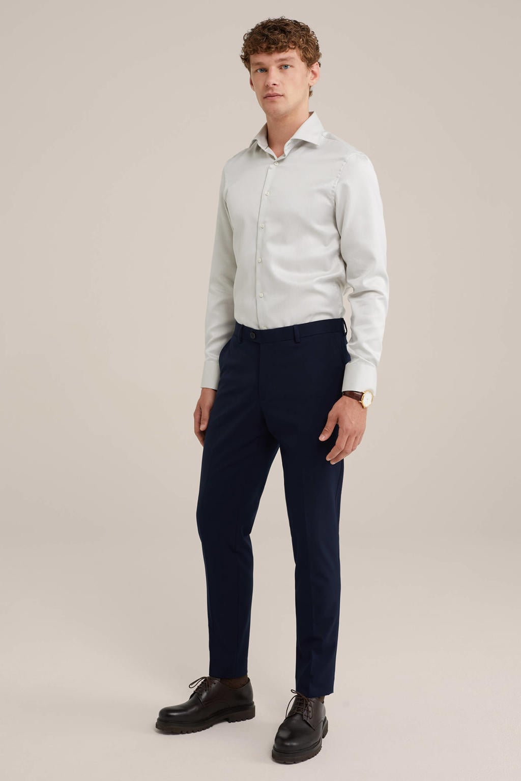 Lichtgroene heren WE Fashion slim fit overhemd van katoen met effen, lange mouwen en widespread hals