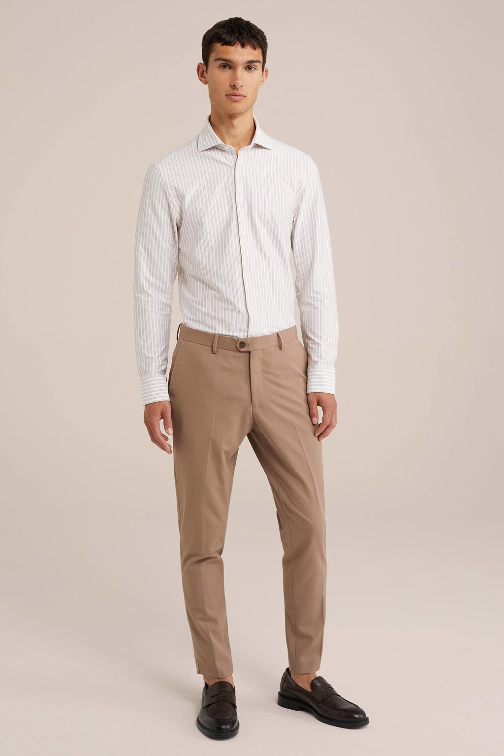 Beige heren WE Fundamentals Tall fit casual overhemd van katoen met strepenprint, lange mouwen en widespread hals