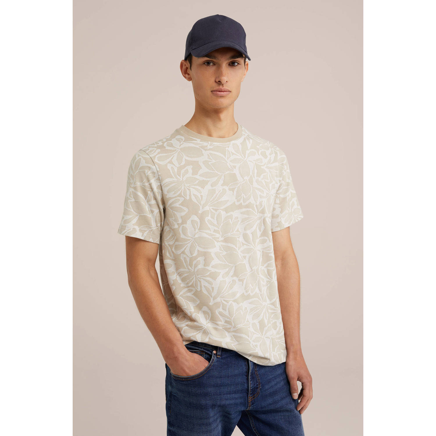 WE Fashion regular fit T-shirt met jacquard warm sand