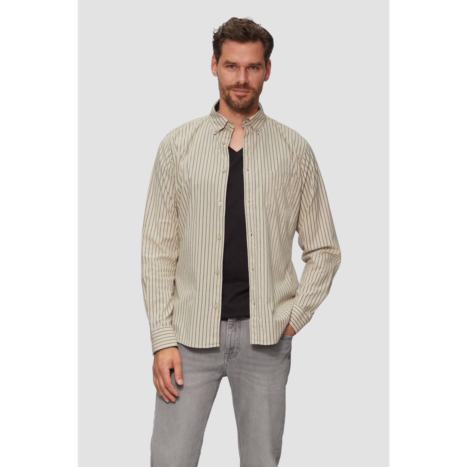 s.Oliver gestreept slim fit overhemd beige