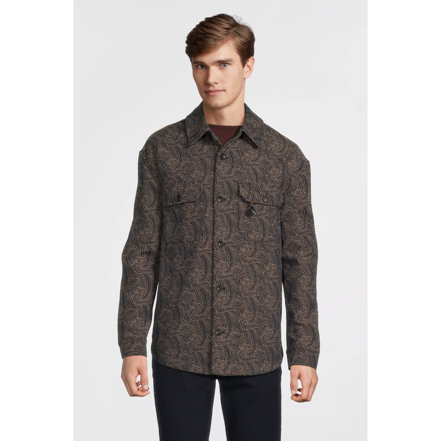 Scotch & Soda loose fit overshirt met wol en all over print navy