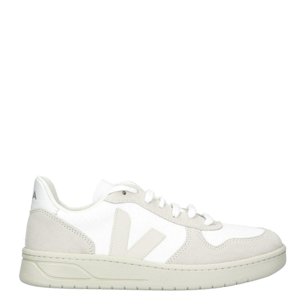 Wit en naturelkleurige dames Veja V-10 leren sneakers met veters