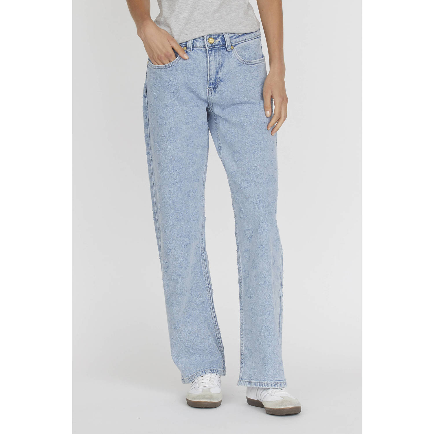 SisterS Point low waist straight leg jeans met hartjes print light blue