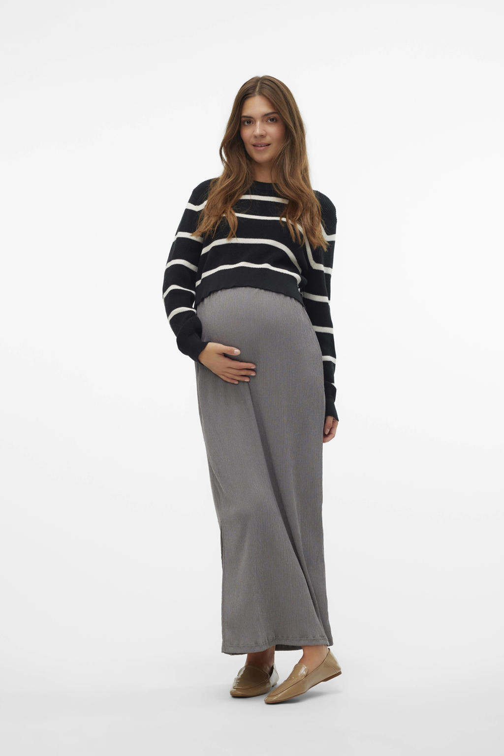 Grijze dames MAMALICIOUS maxi zwangerschapsrok van polyester met regular waist, elastische tailleband en effen
