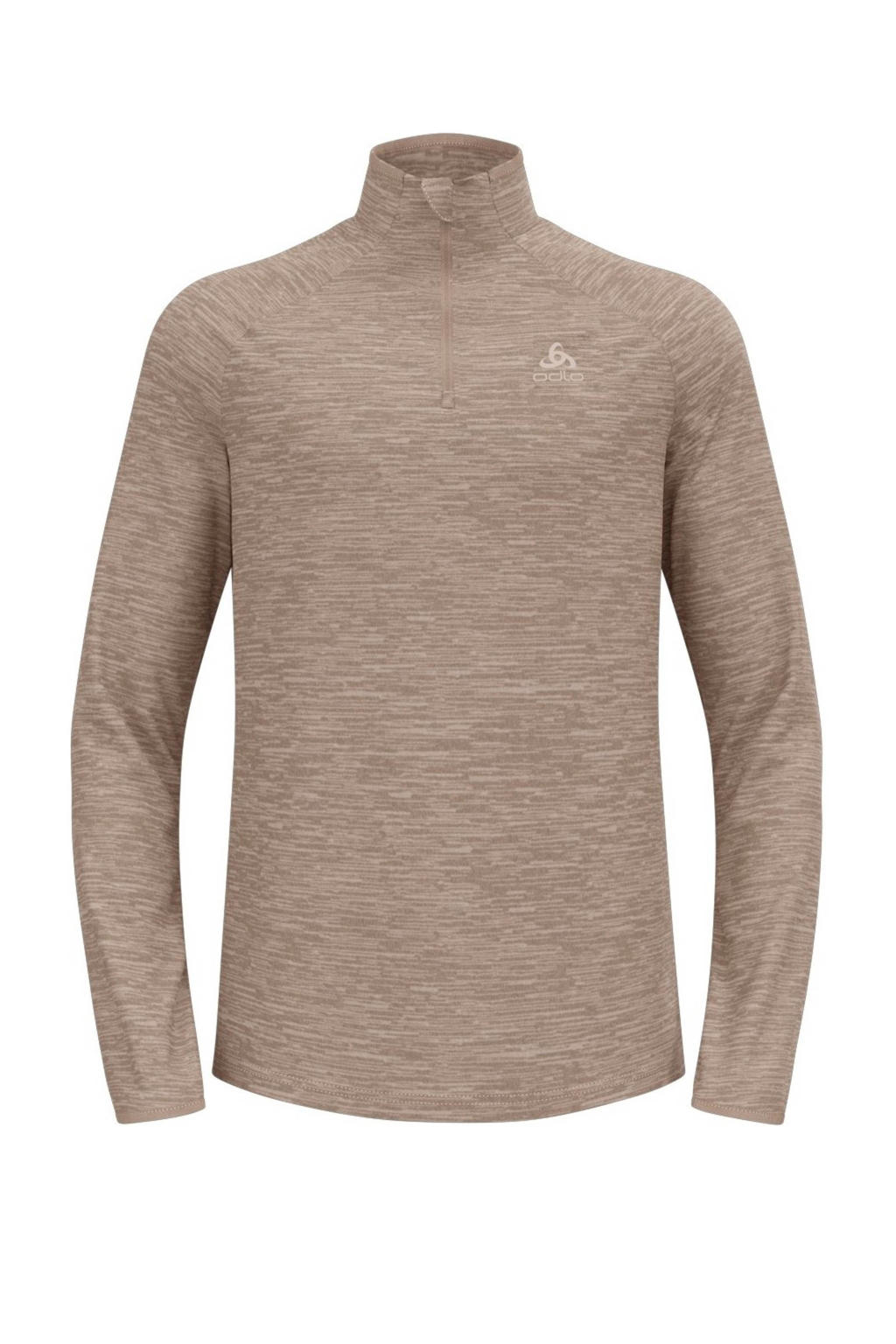 Beige heren Odlo sportshirt Run Easy melange van polyester met lange mouwen, opstaande kraag en halve rits