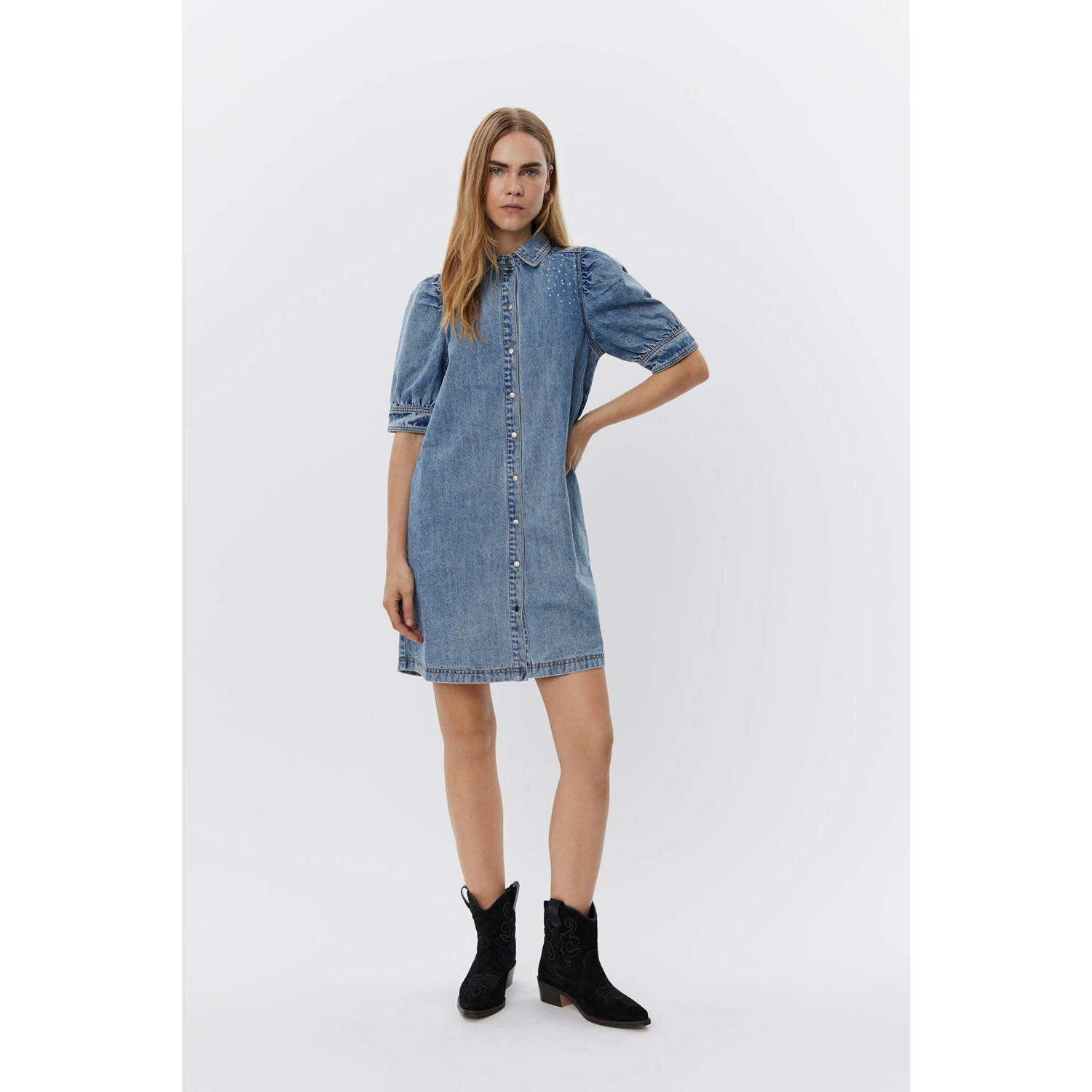 Sofie Schnoor Denim Blauwe Jurk met Pofmouwen Blue Dames