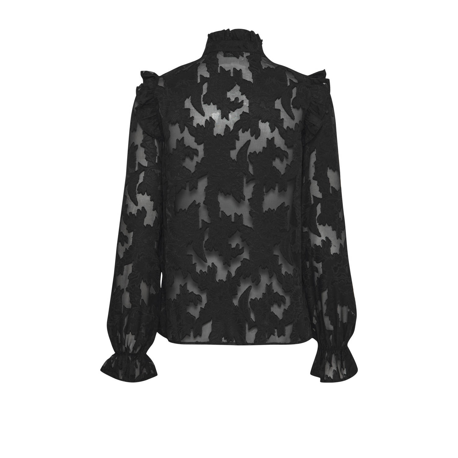 B.Young semi-transparante blouse met all over print en volant zwart