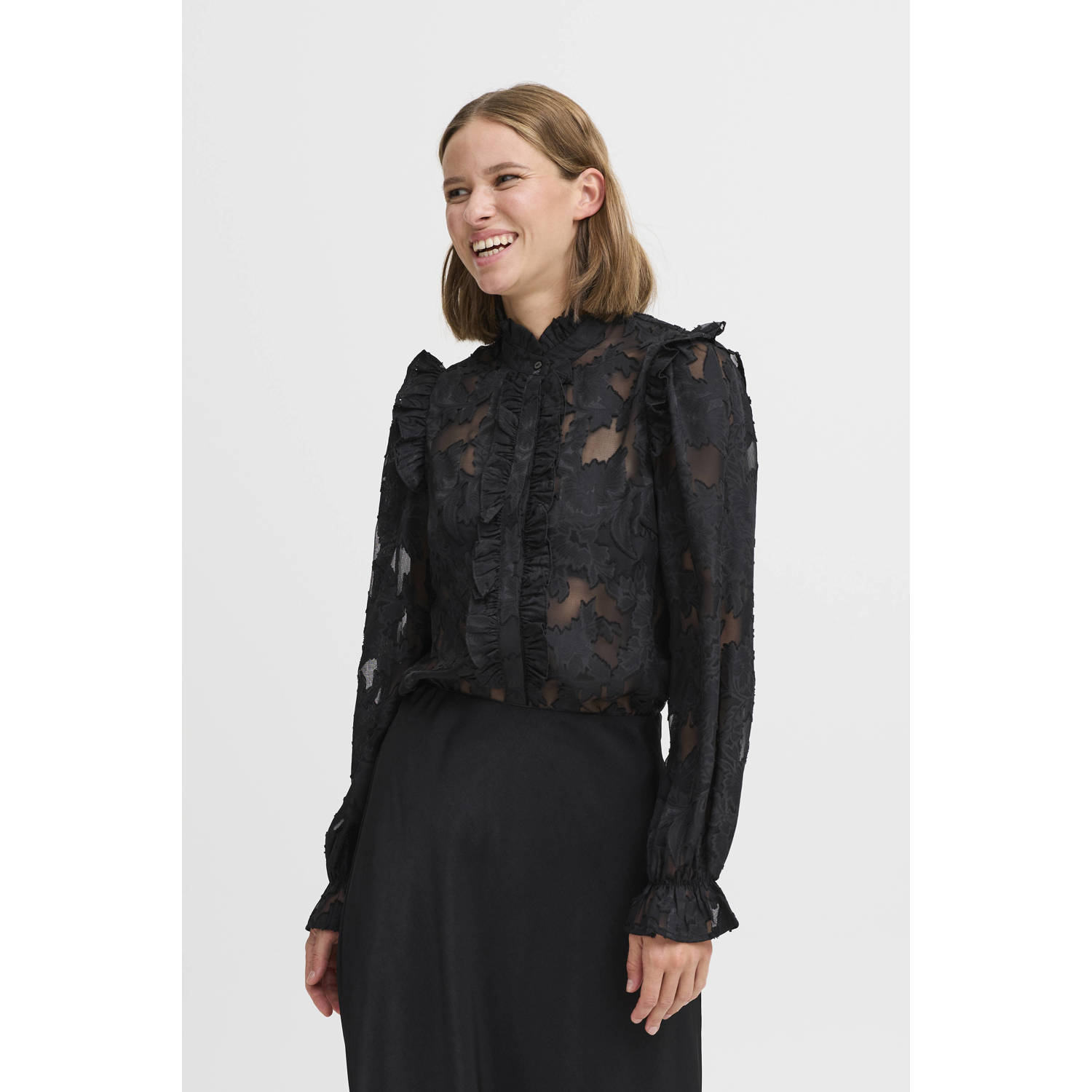 B.Young semi-transparante blouse met all over print en volant zwart