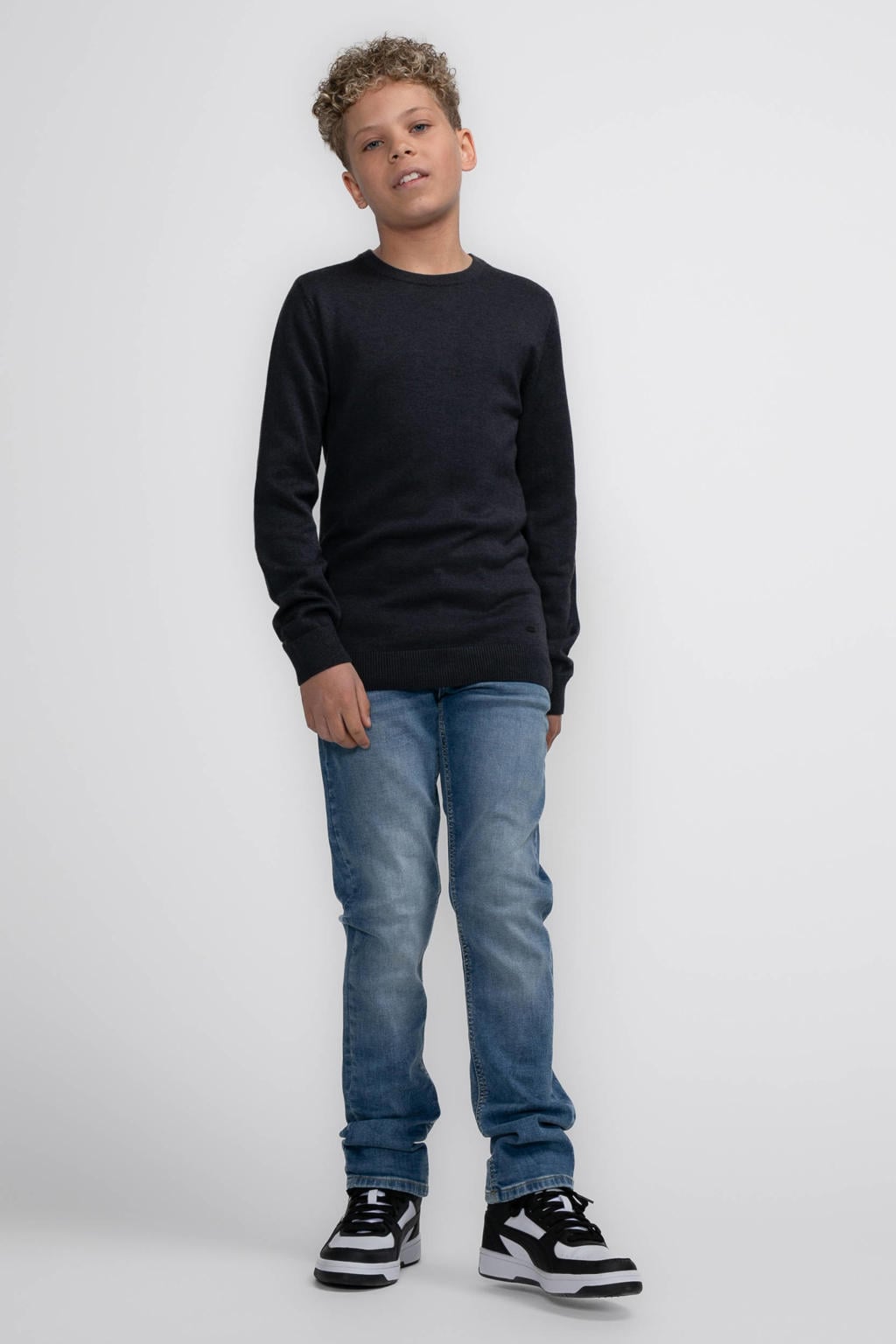 Medium blue denim jongens Petrol Industries straight leg jeans van stretchdenim met rits- en knoopsluiting en effen