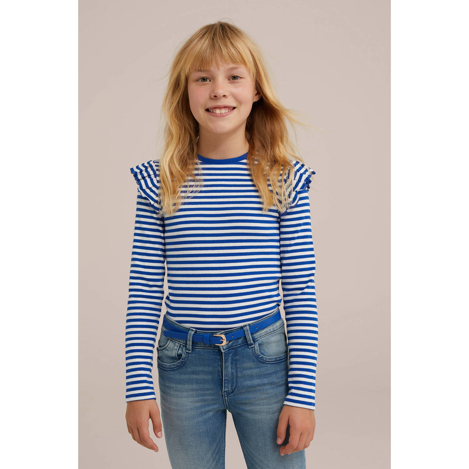 WE Fashion gestreepte longsleeve blauw wit Meisjes Stretchkatoen Ronde hals 134 140