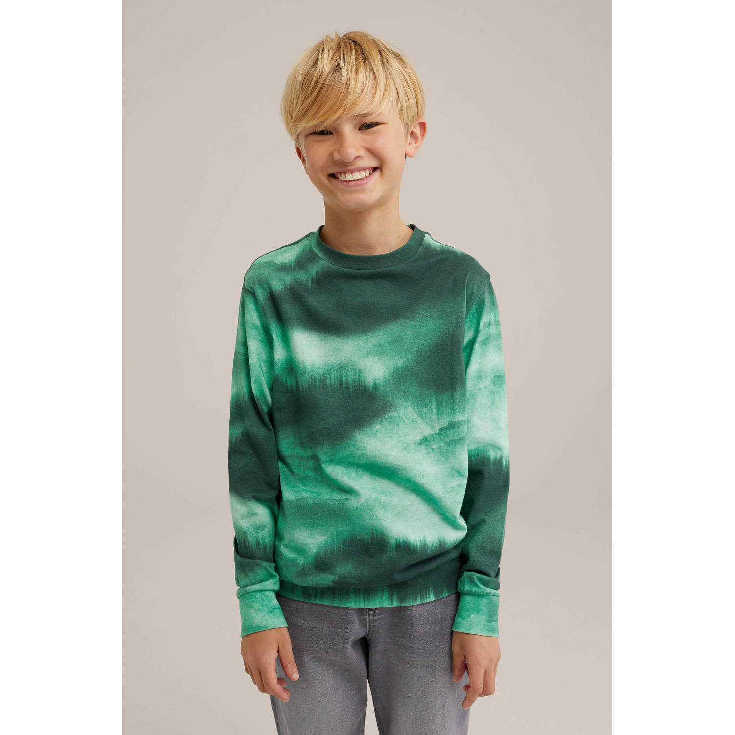 WE Fashion tie-dye longsleeve groen Jongens Katoen Ronde hals Tie-dye 110 116