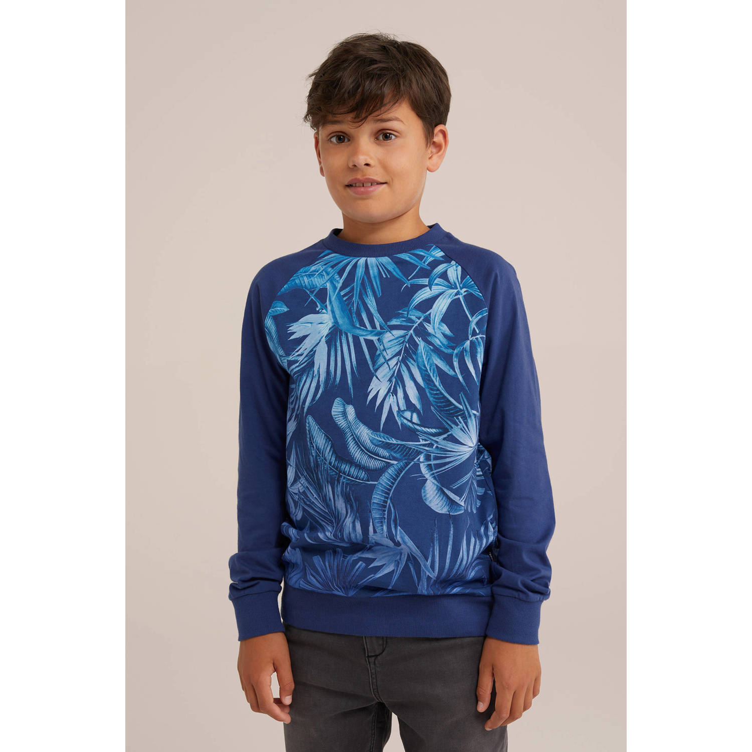 WE Fashion sweater donkerblauw Trui Jongens Katoen Ronde hals Blad 110 116