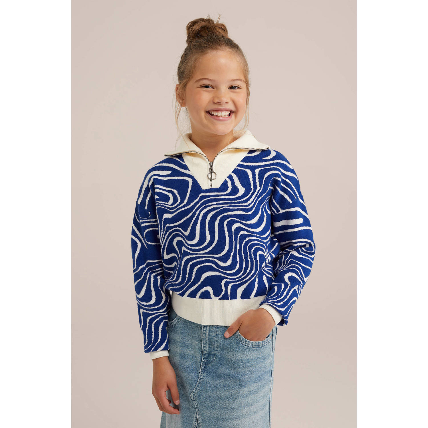 WE Fashion gebreide trui blauw Meisjes Viscose Opstaande kraag All over print 134 140