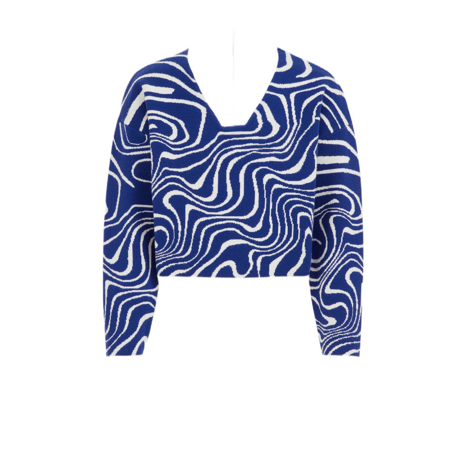 WE Fashion gebreide trui blauw Meisjes Viscose Opstaande kraag All over print 110 116
