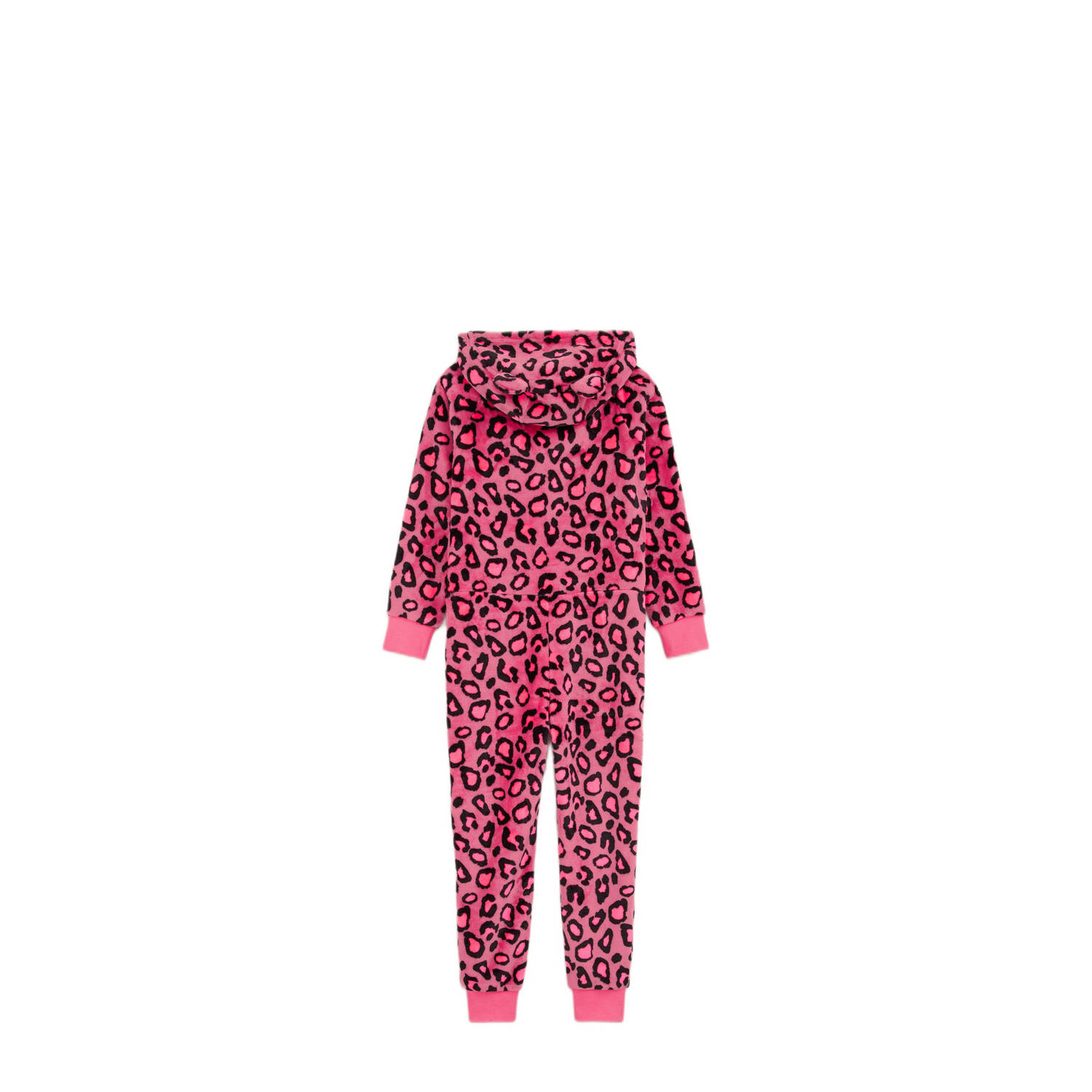 WE Fashion fleece onesie met panterprint felroze zwart