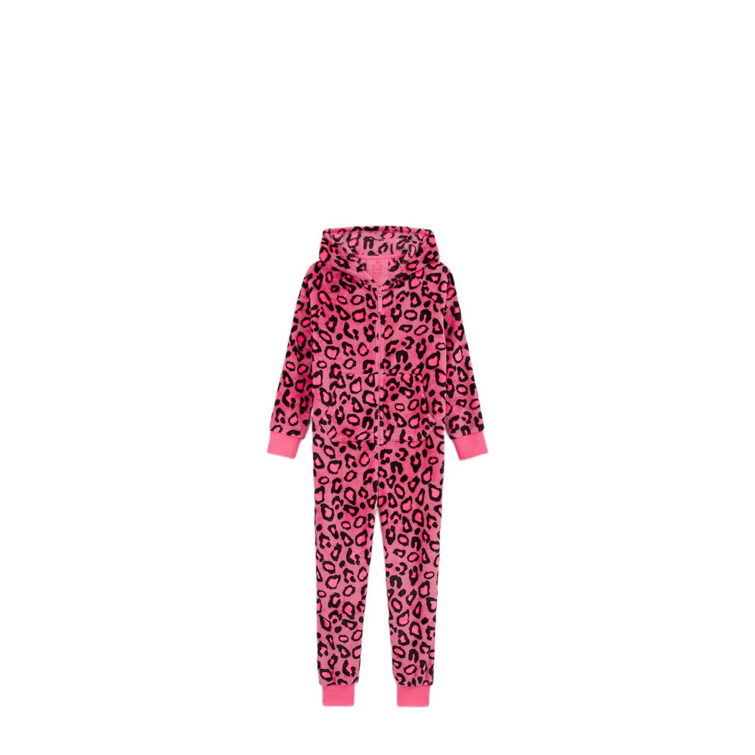 WE Fashion fleece onesie met panterprint felroze zwart Panterprint 134 140