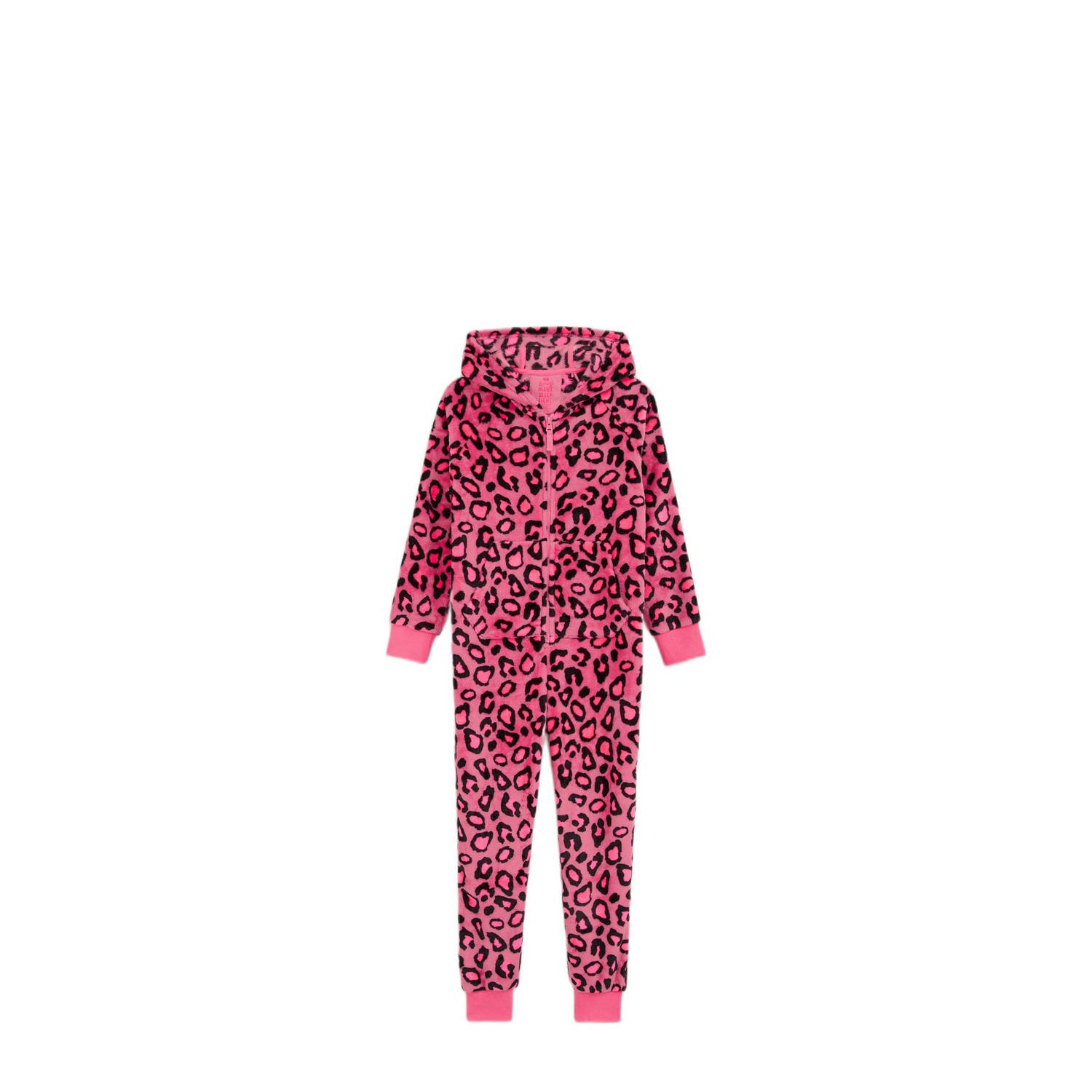 WE Fashion fleece onesie met panterprint felroze zwart Panterprint 134 140