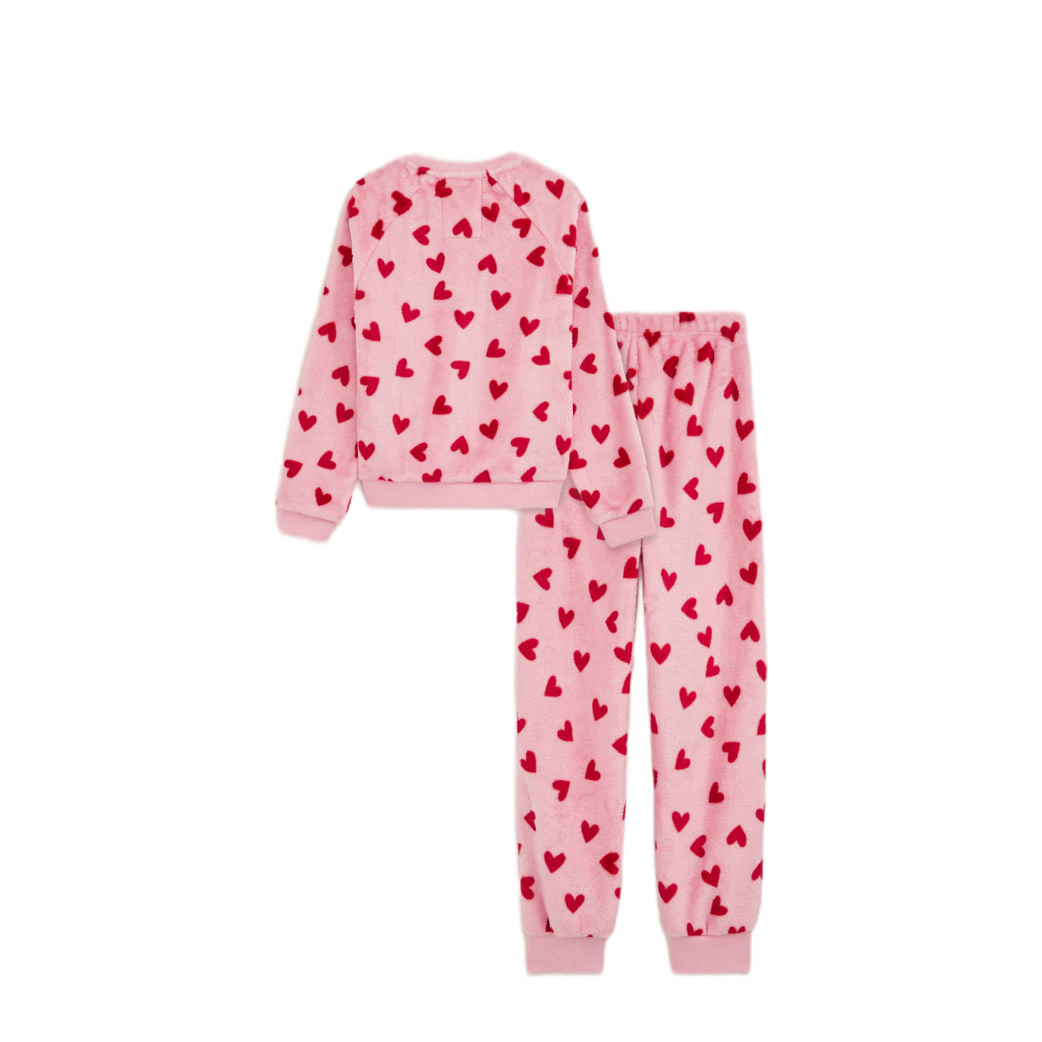 WE Fashion fleece pyjama met hartjes dessin roze rood