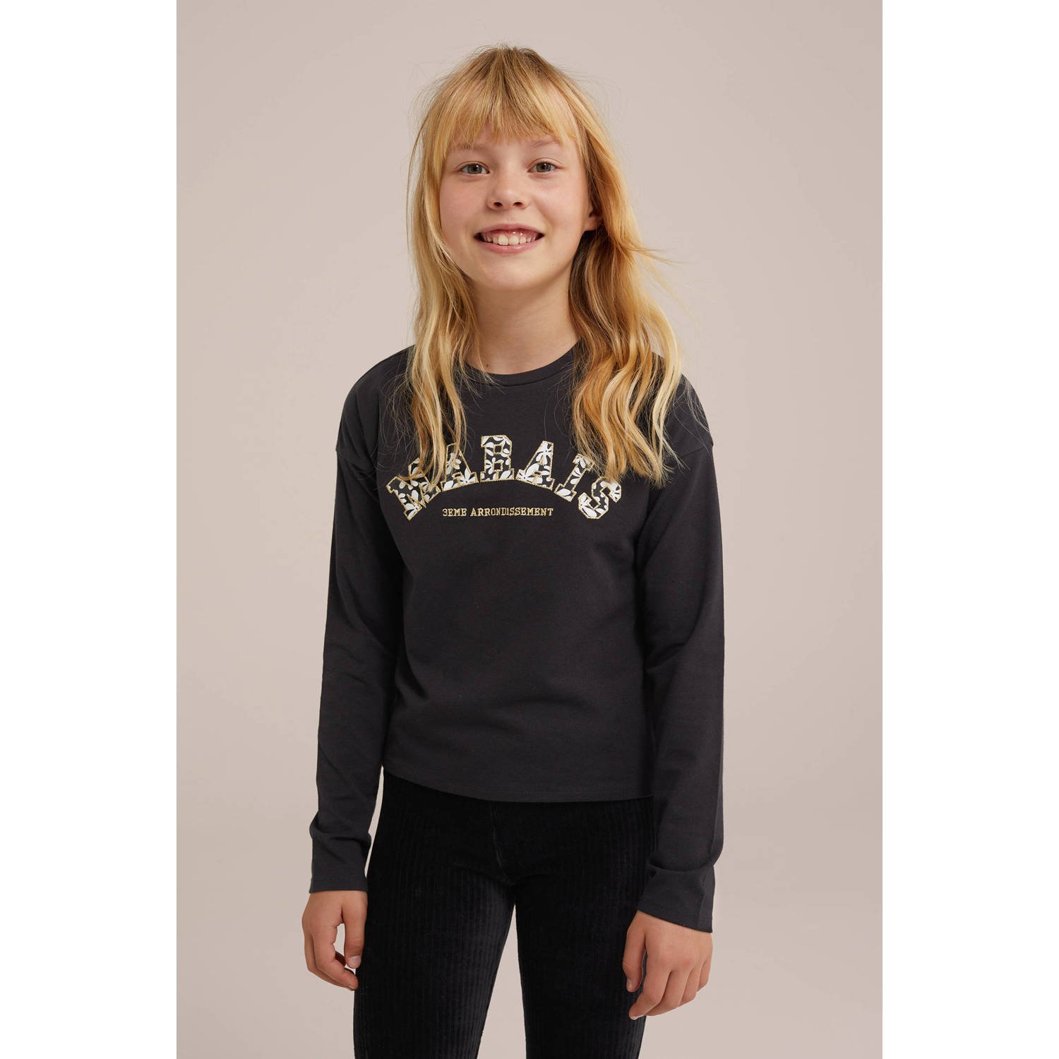 WE Fashion longsleeve met printopdruk zwart Meisjes Stretchkatoen Ronde hals 170 176