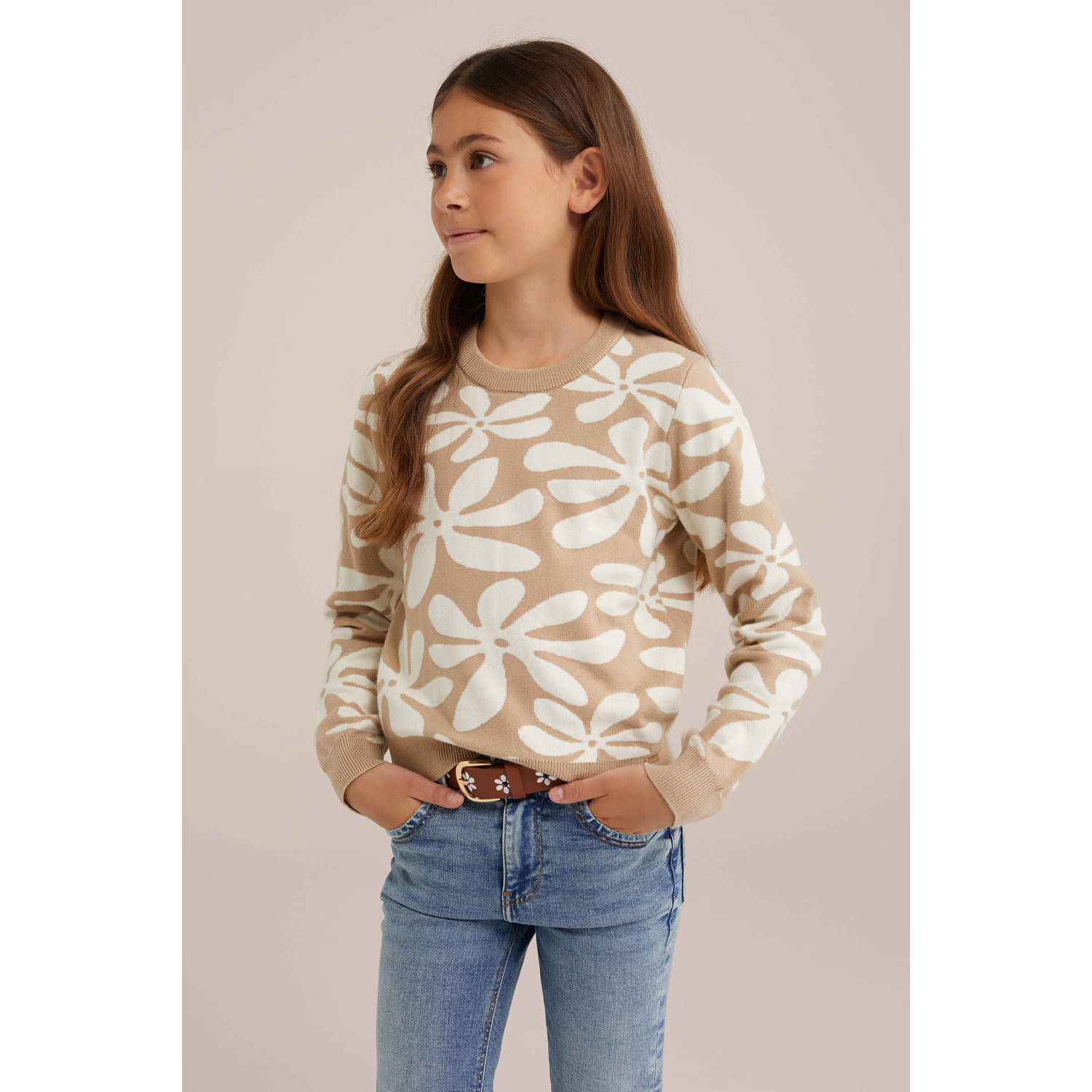 WE Fashion gebreide trui beige Meisjes Viscose Ronde hals Bloemen 122 128