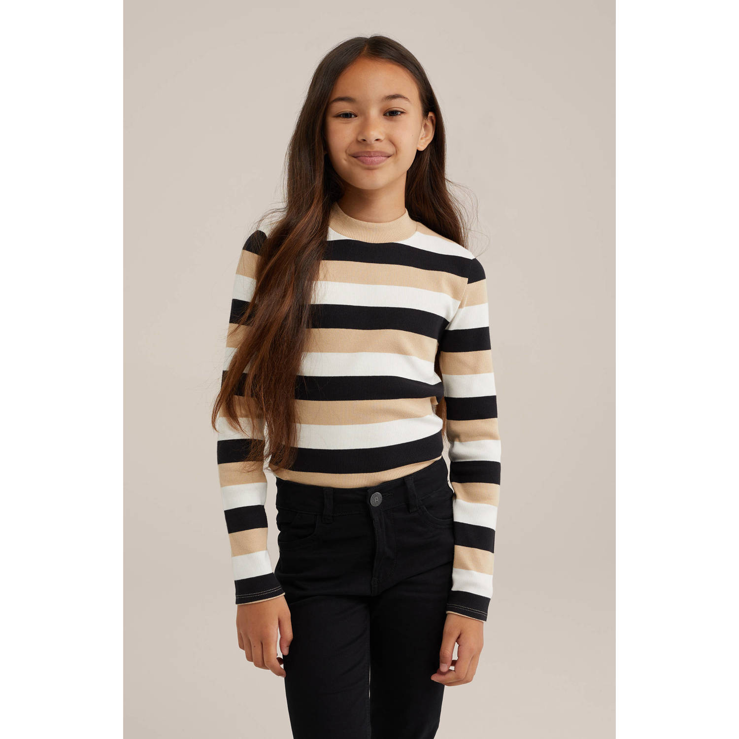 WE Fashion gestreepte longsleeve groen Meisjes Katoen Opstaande kraag Streep 110 116
