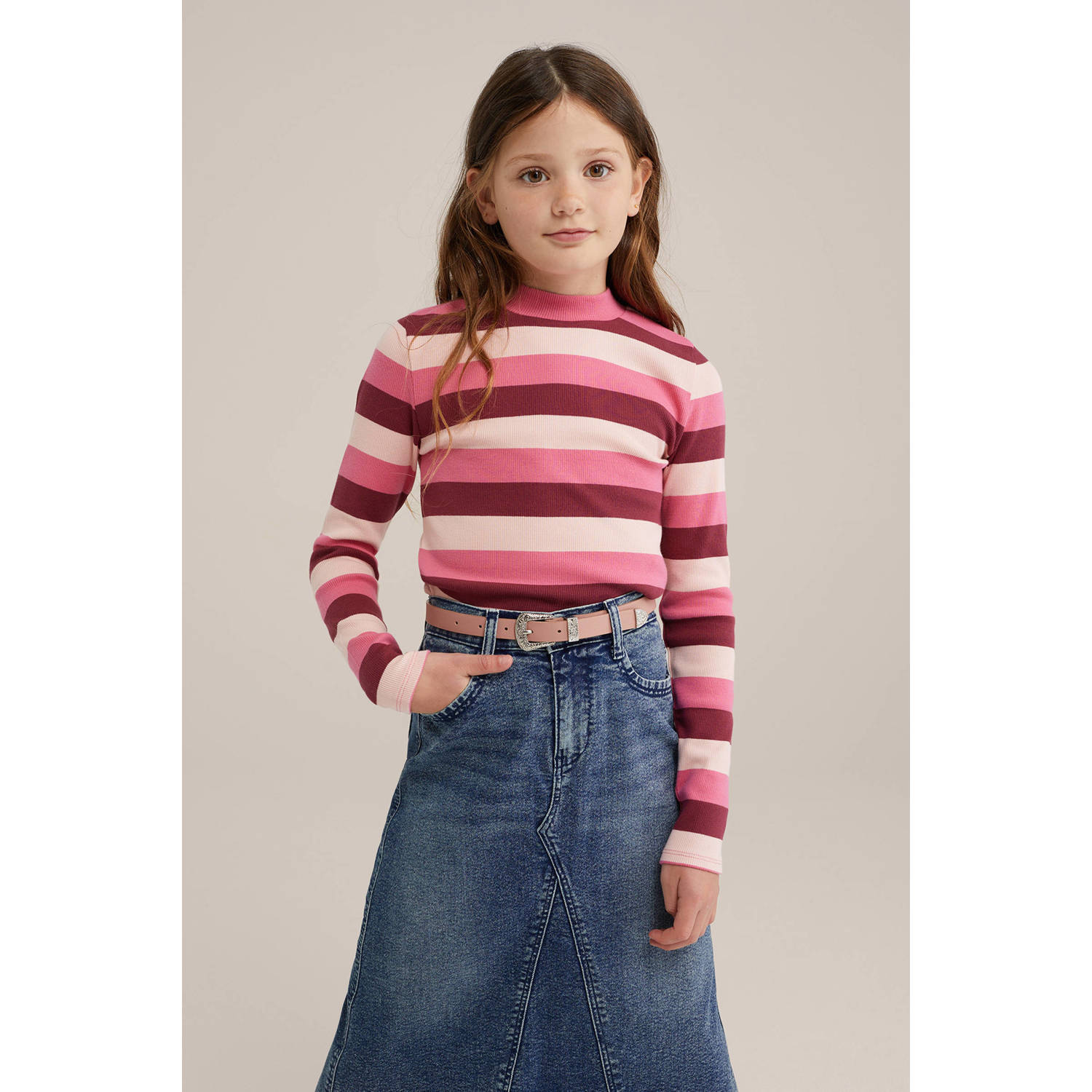 WE Fashion gestreepte longsleeve roze donkerroze Meisjes Katoen Opstaande kraag 110 116