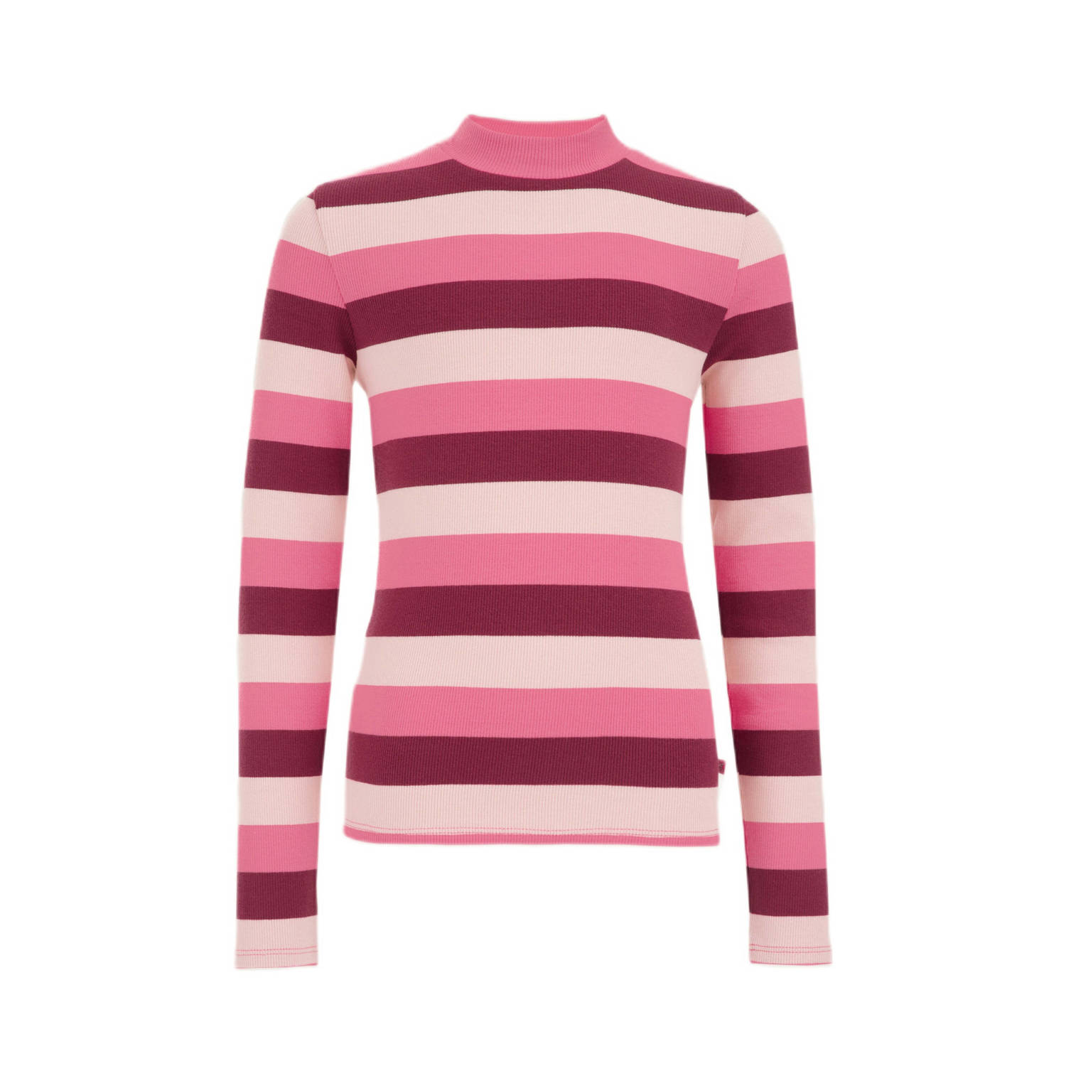 WE Fashion gestreepte longsleeve roze donkerroze Meisjes Katoen Opstaande kraag 110 116