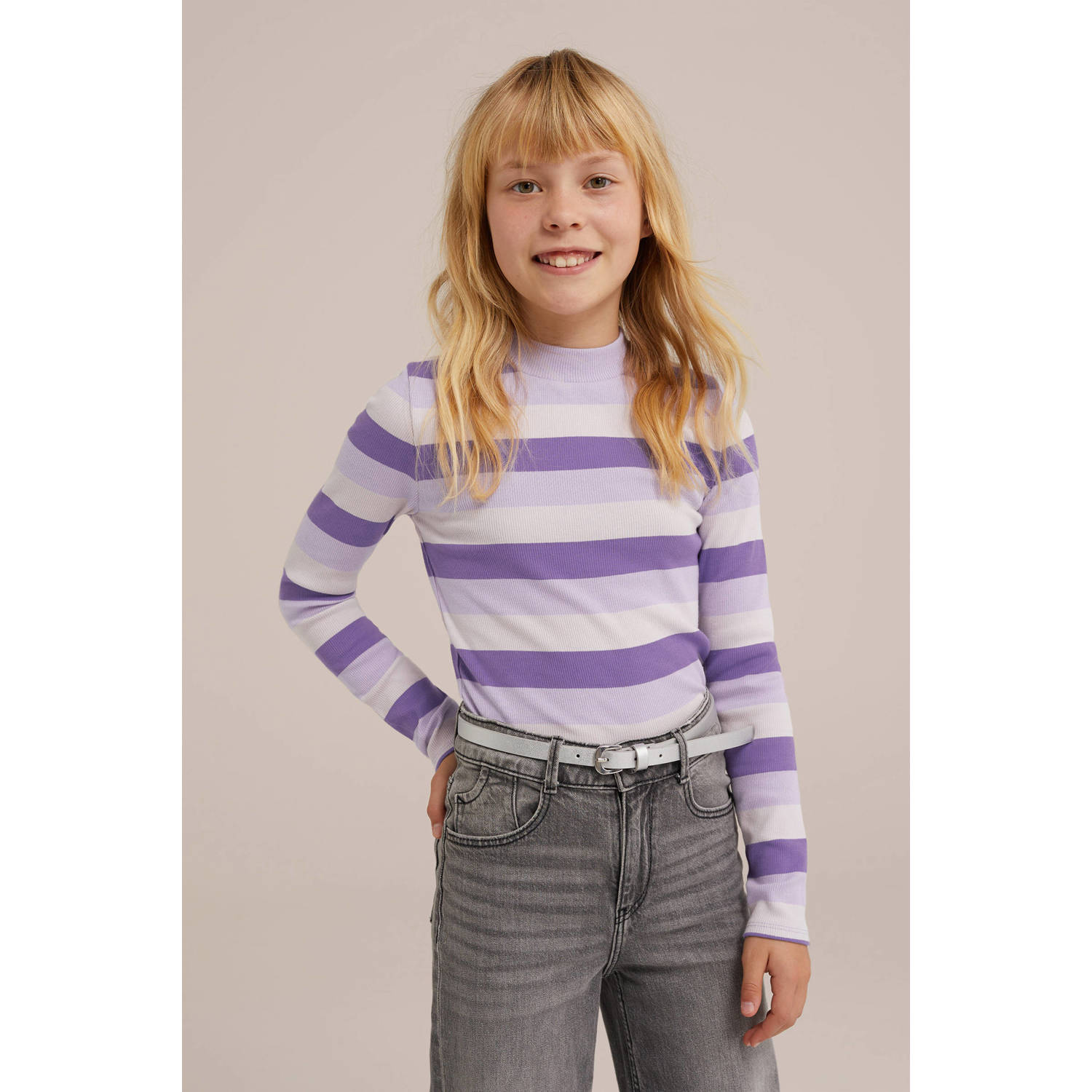 WE Fashion gestreepte longsleeve groen Meisjes Katoen Opstaande kraag Streep 110 116