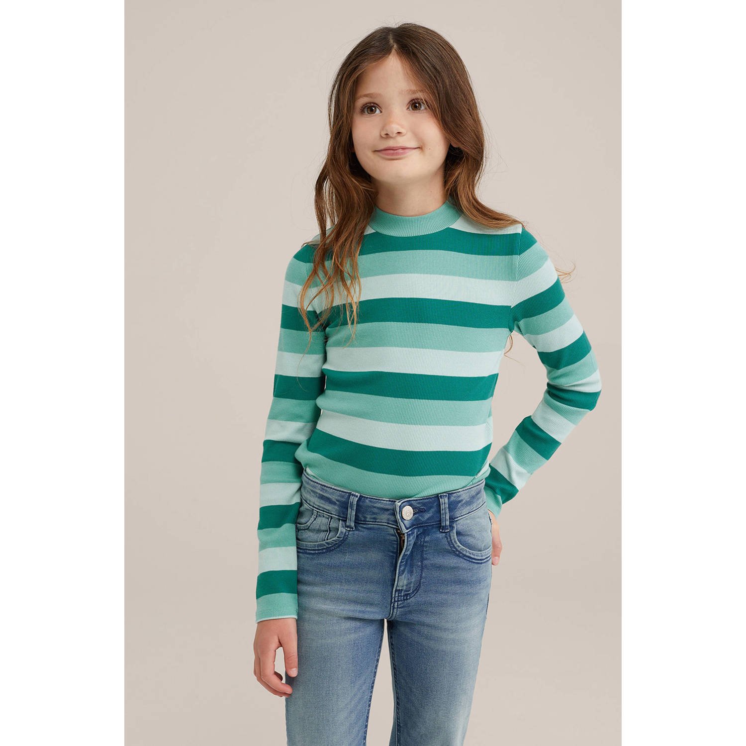 WE Fashion gestreepte longsleeve groen Meisjes Katoen Opstaande kraag Streep 146 152