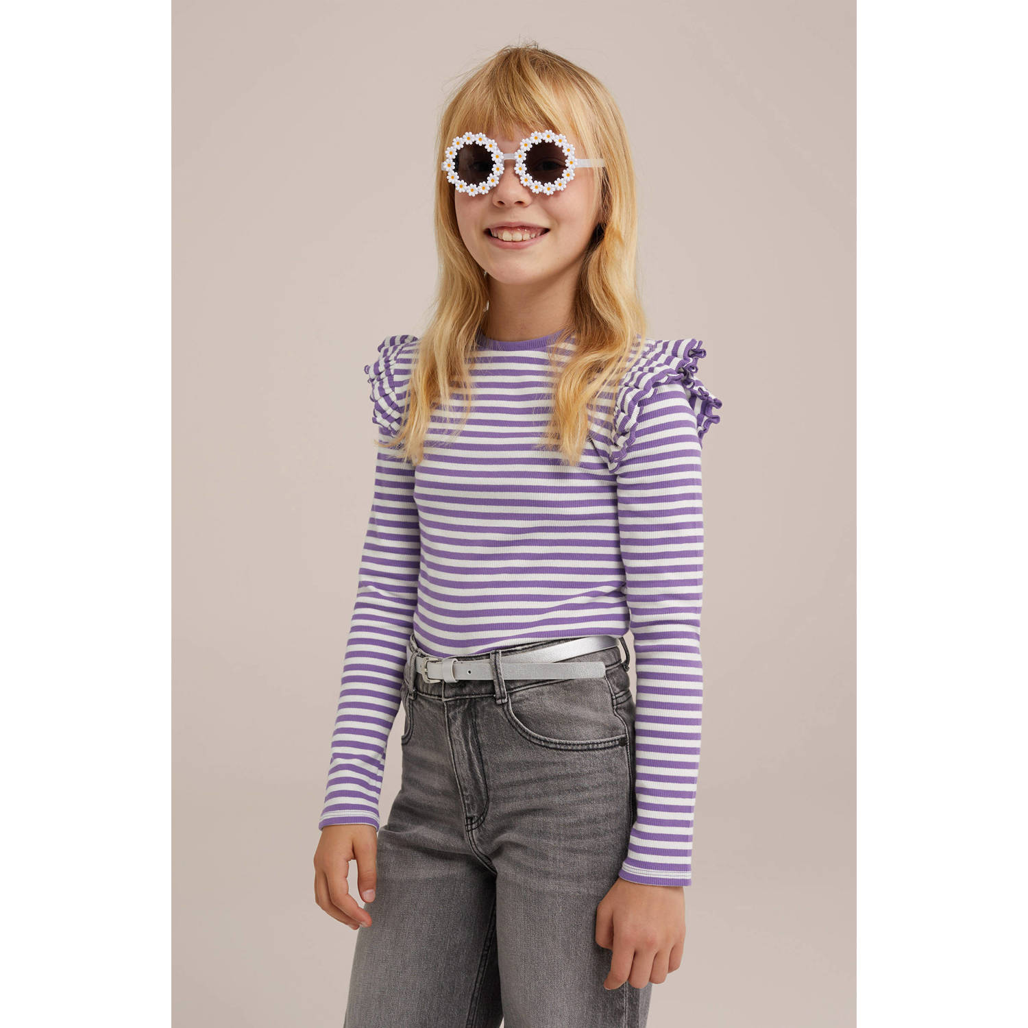WE Fashion gestreepte longsleeve zwart wit Paars Meisjes Stretchkatoen Ronde hals 122 128
