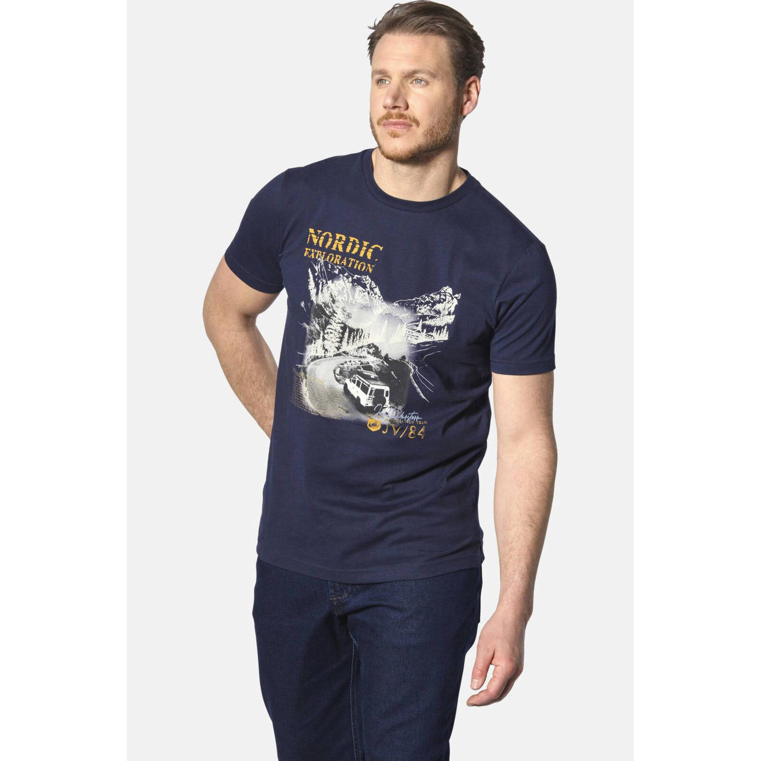 Jan Vanderstorm regular fit T-shirt HAKSE Plus Size met printopdruk donkerblauw