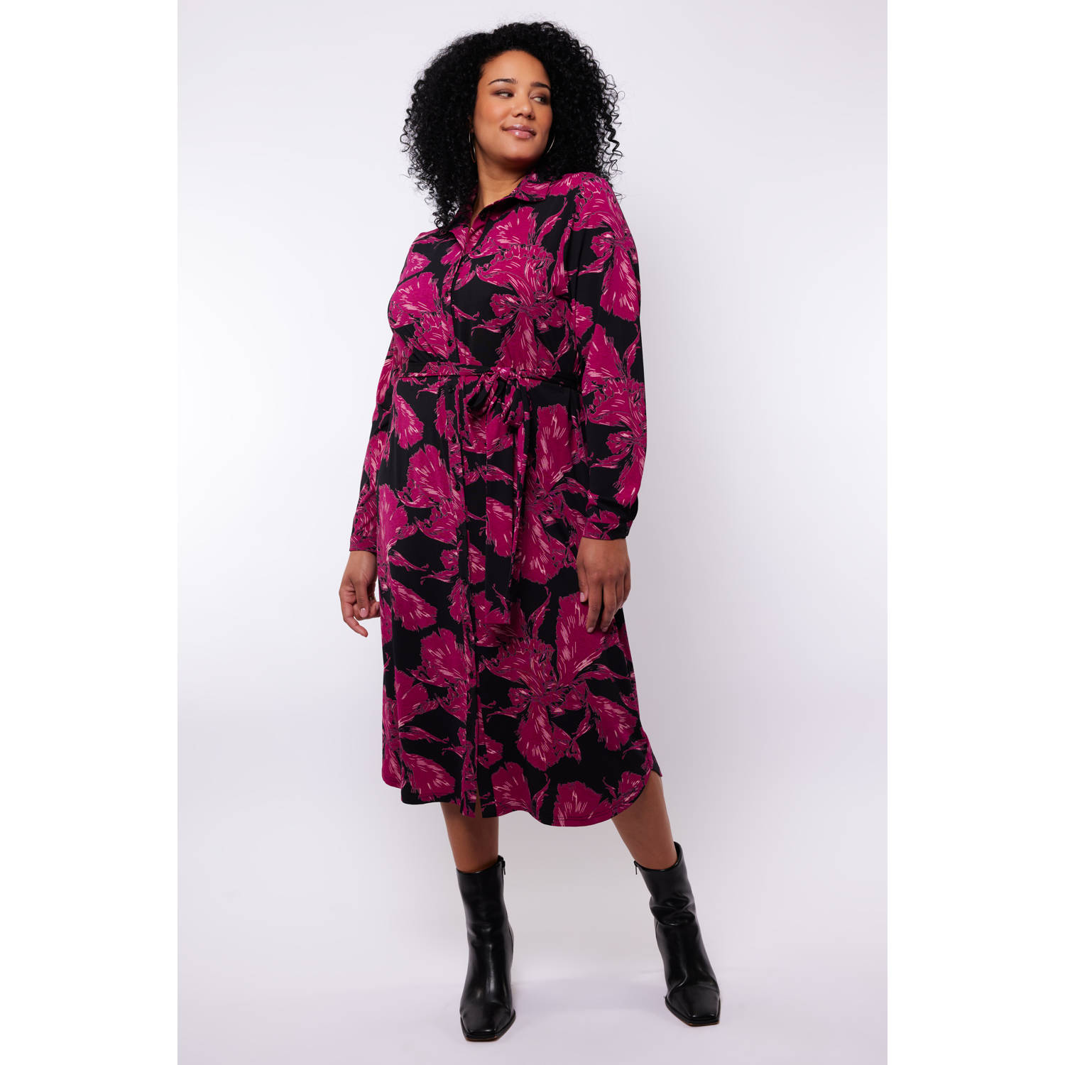 Exxcellent jurk Tirza met bloemenprint zwart fuchsia