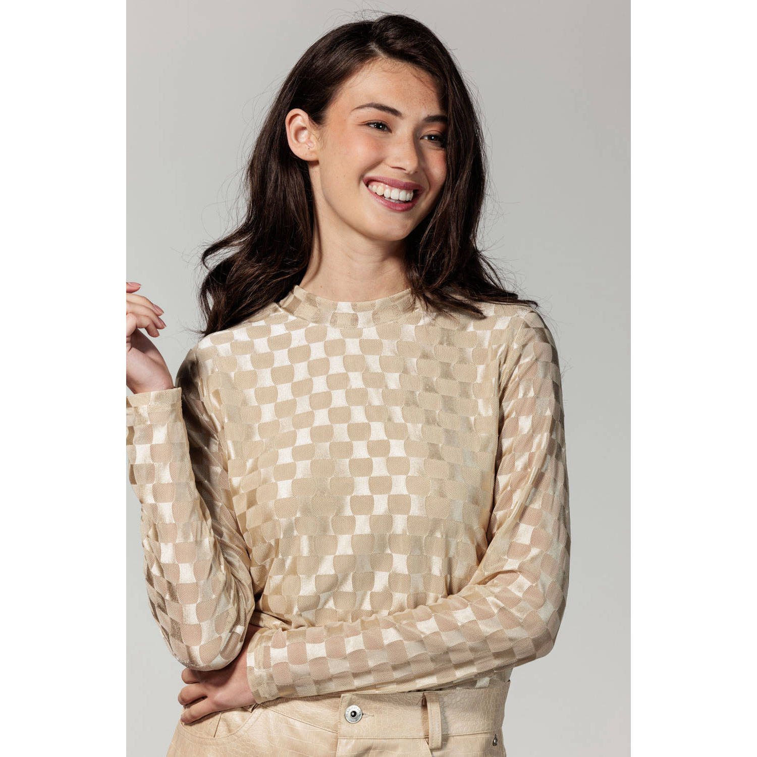 Tramontana Geruite Mesh Top Lange Mouw Beige Dames