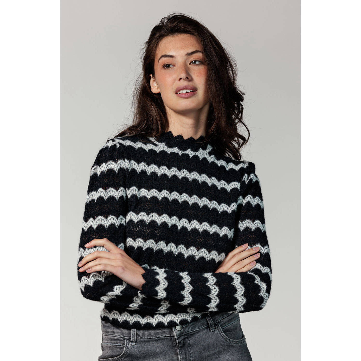 Tramontana Gestreepte kanten lange mouw top Black Dames