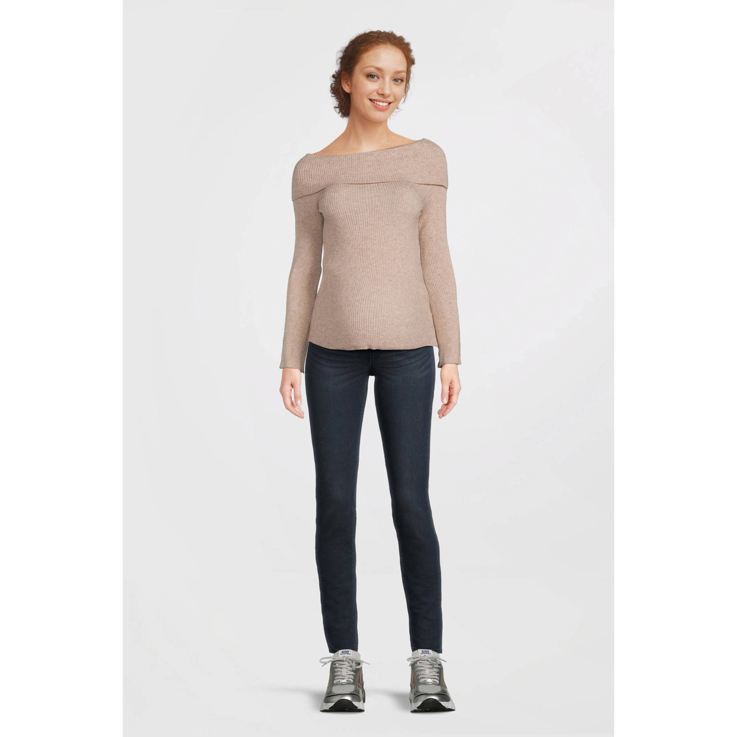 ONLY MATERNITY pullover lichtbruin Trui Dames Viscose Off shoulder Effen S