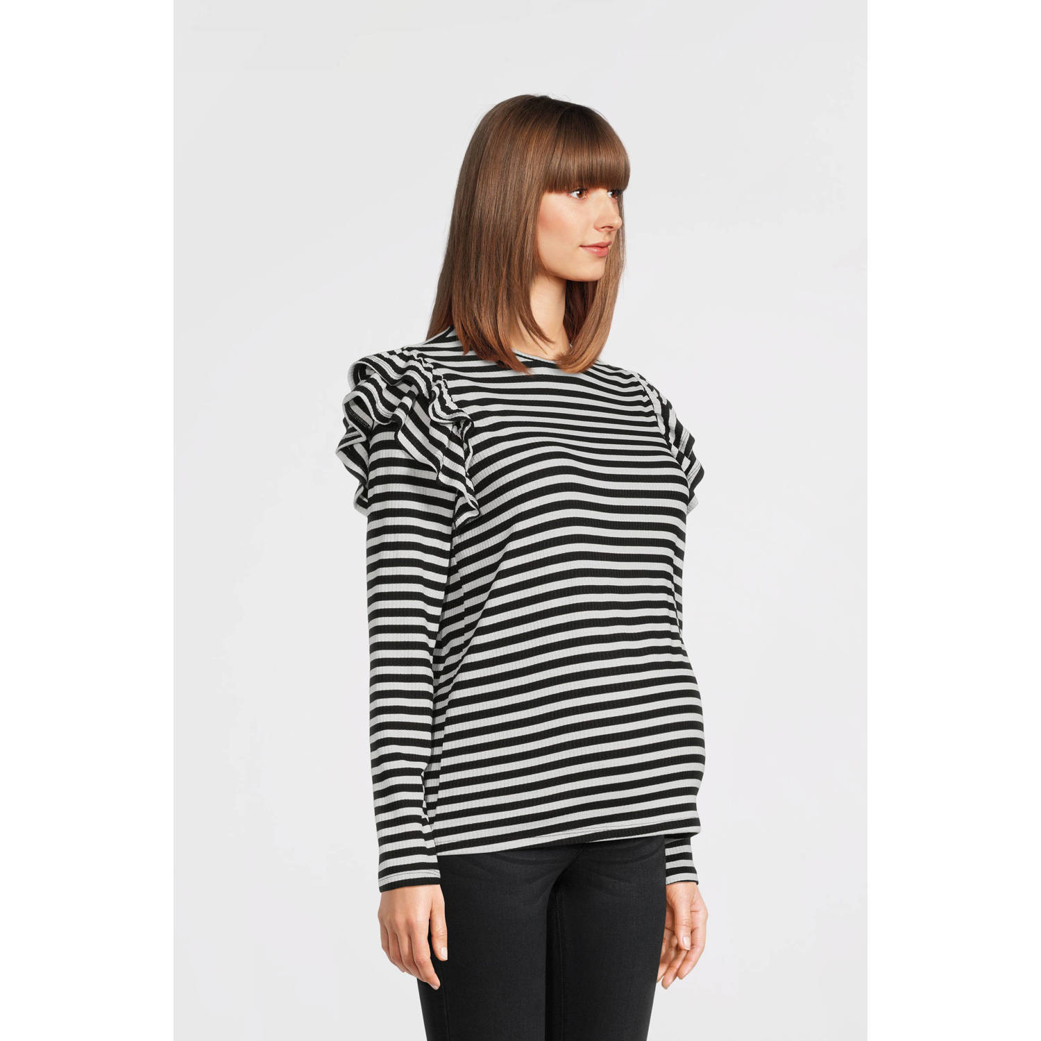 ONLY MATERNITY gestreepte zwangerschapslongsleeve OLMEVIE zwart wit