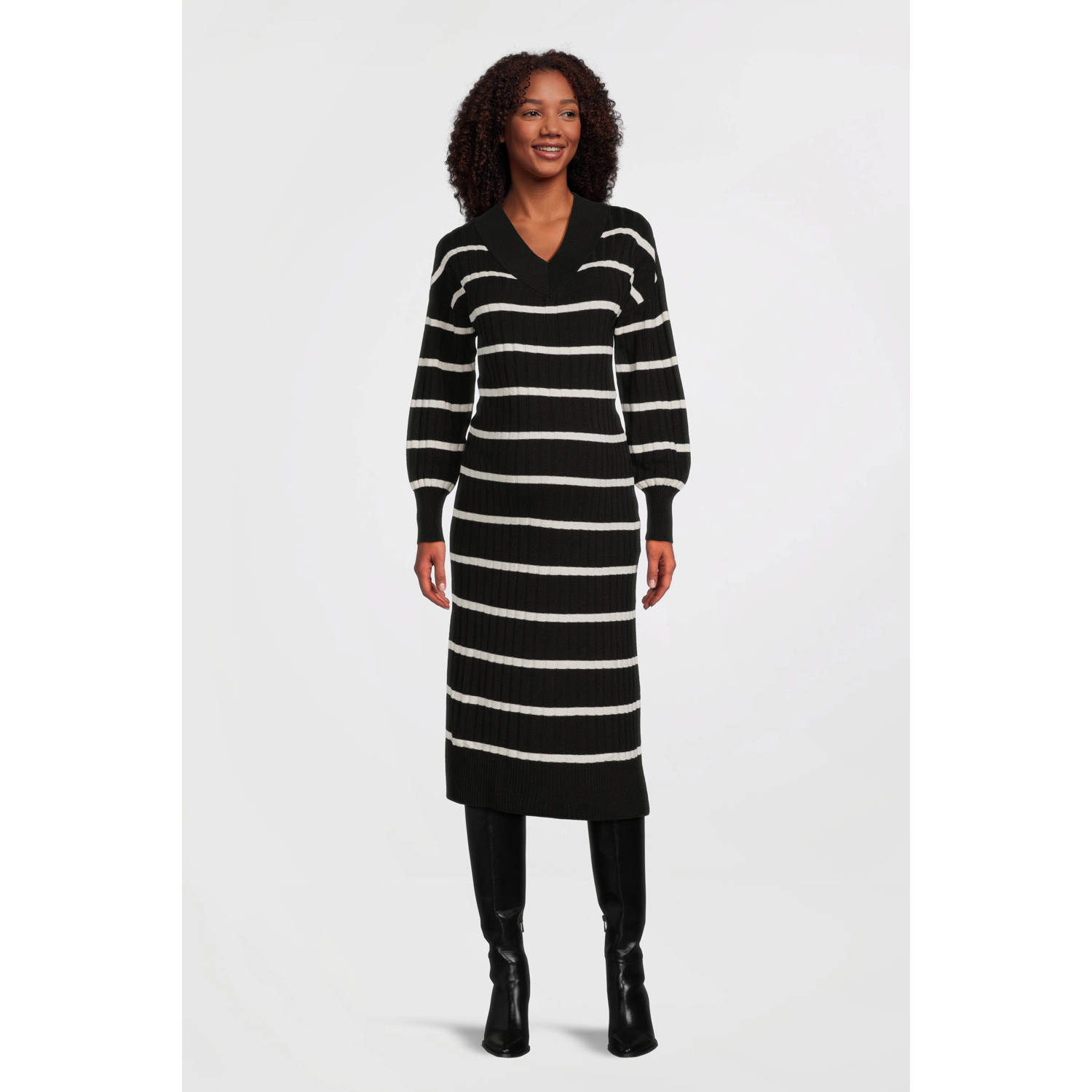 ONLY MATERNITY gestreepte zwangerschapsjurk OLMNEW zwart wit Dames Acryl V-hals XL