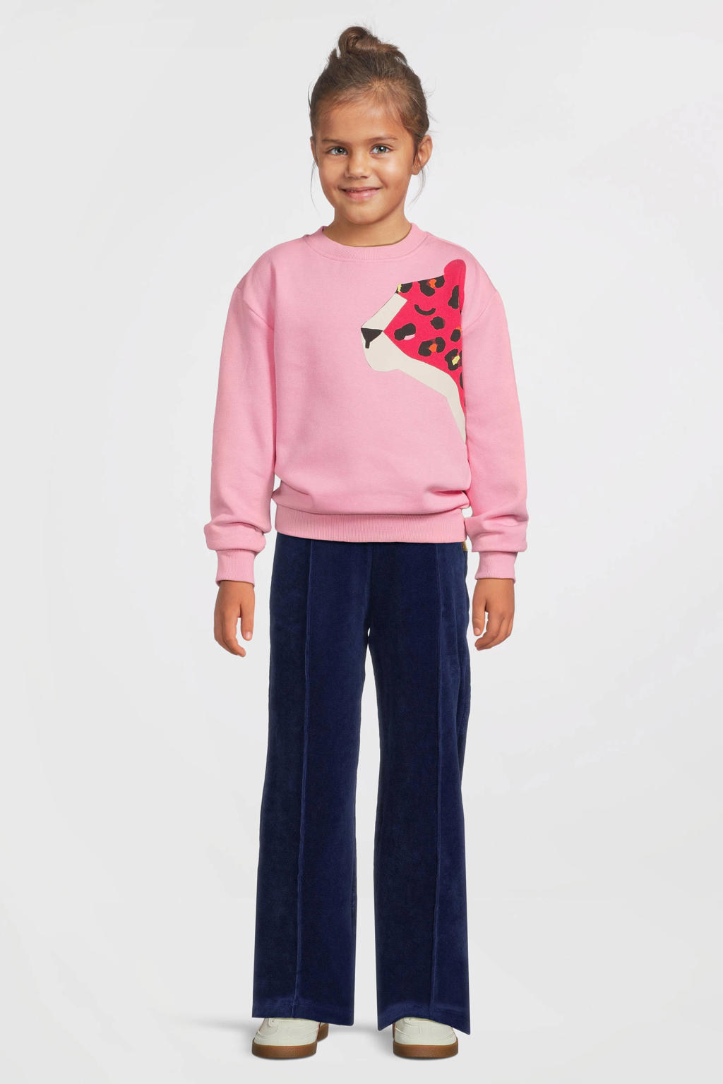 Donkerblauwe meisjes Orange Stars wide leg broek van katoen met effen