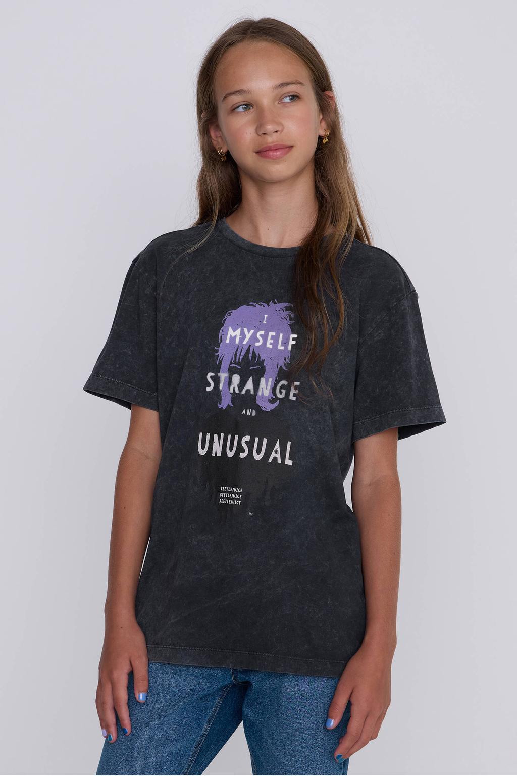 Zwarte meisjes Coolcat T-shirt License Beetlejuice I Myself Acid Wash van katoen met printopdruk, korte mouwen en ronde hals
