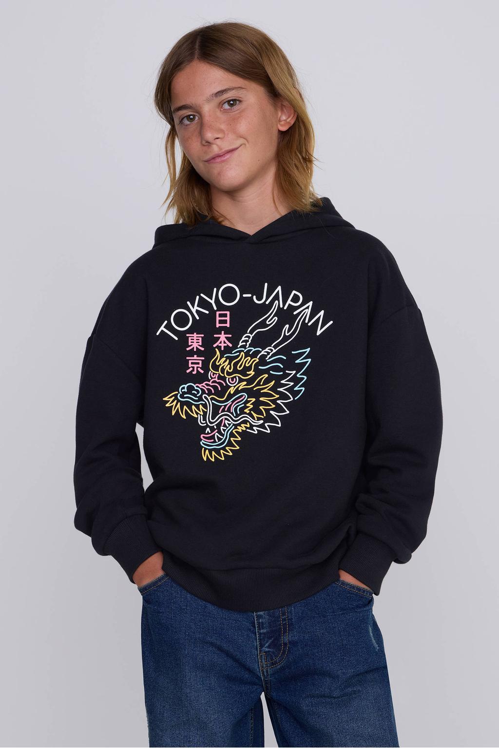 Zwarte jongens Coolcat hoodie License Tokyo Japan van sweat materiaal met printopdruk, lange mouwen en capuchon