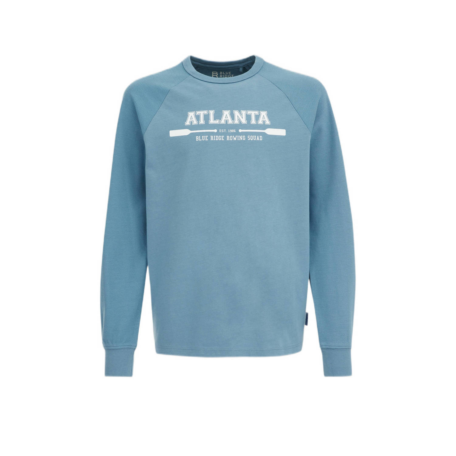 WE Fashion longsleeve met tekst blauw Jongens Katoen Ronde hals Tekst 170 176