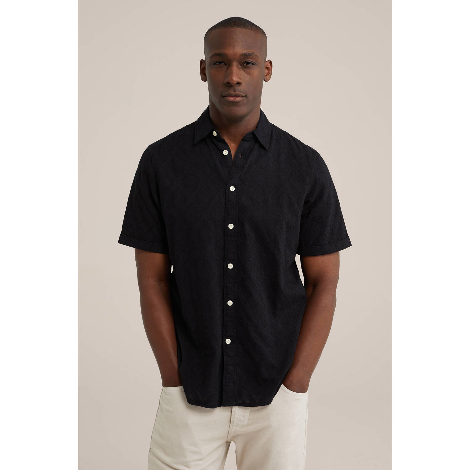 WE Fashion regular fit overhemd met jacquard black uni