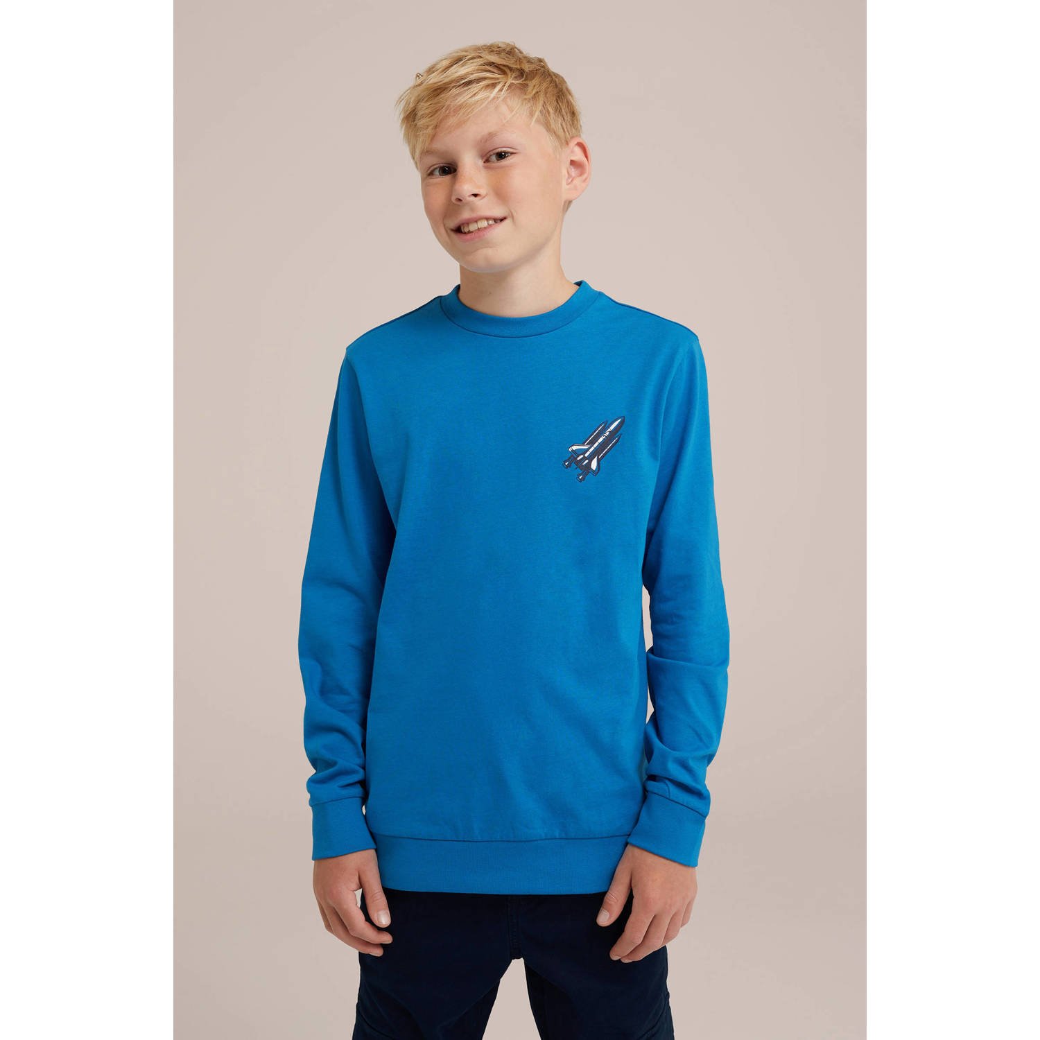 WE Fashion longsleeve met backprint blauw Jongens Katoen Ronde hals Backprint 122 128